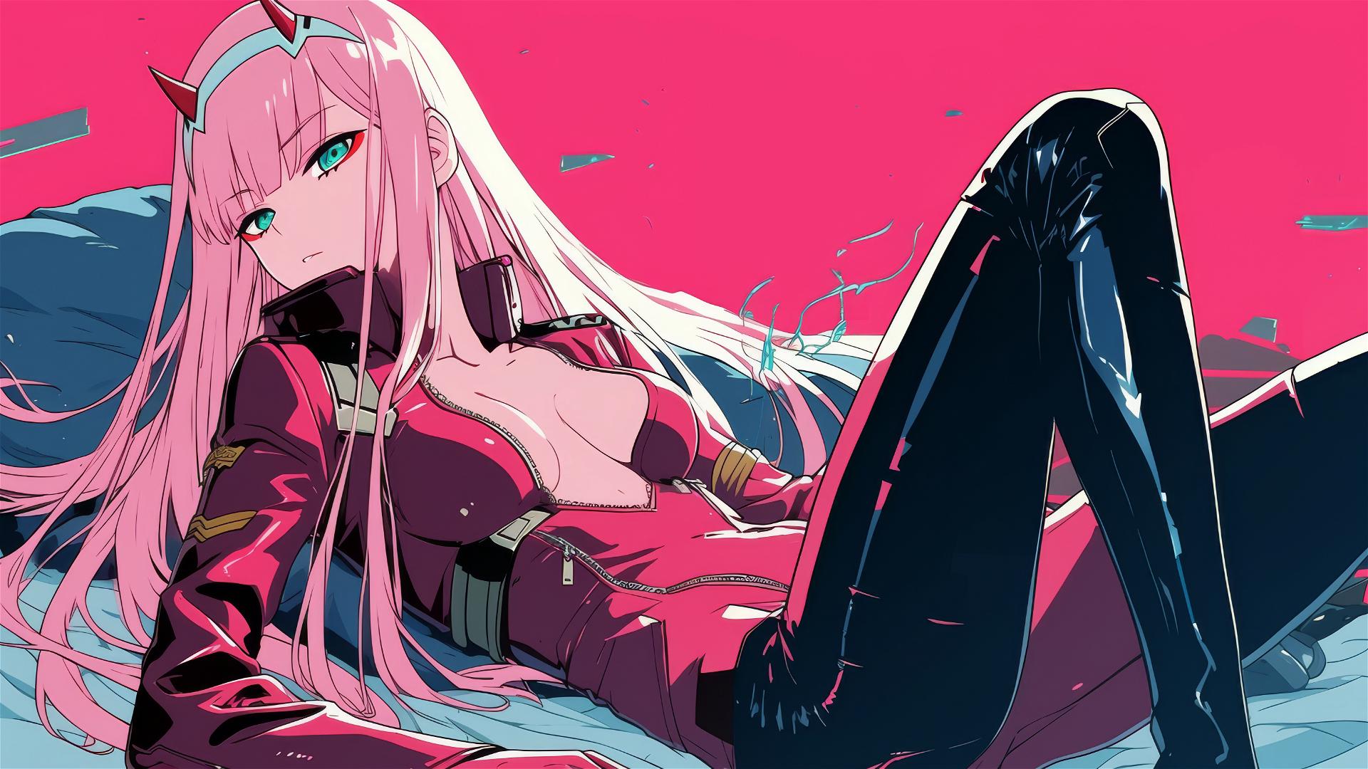 Zero Two in black and pink leather, lying with swirling air, neon pink backdrop.