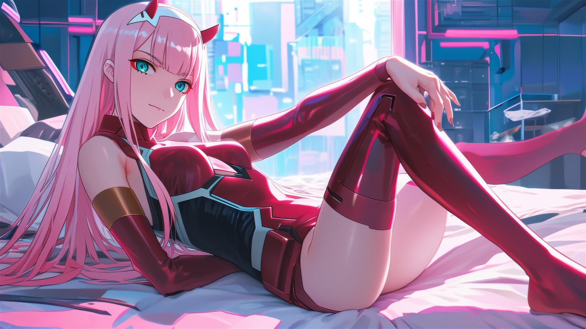 Zero Two in neon-lit black and pink leather attire, lounging.