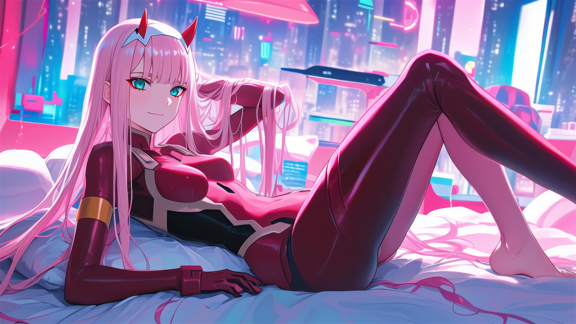 Zero Two in neon-lit black and pink leather attire, lounging.