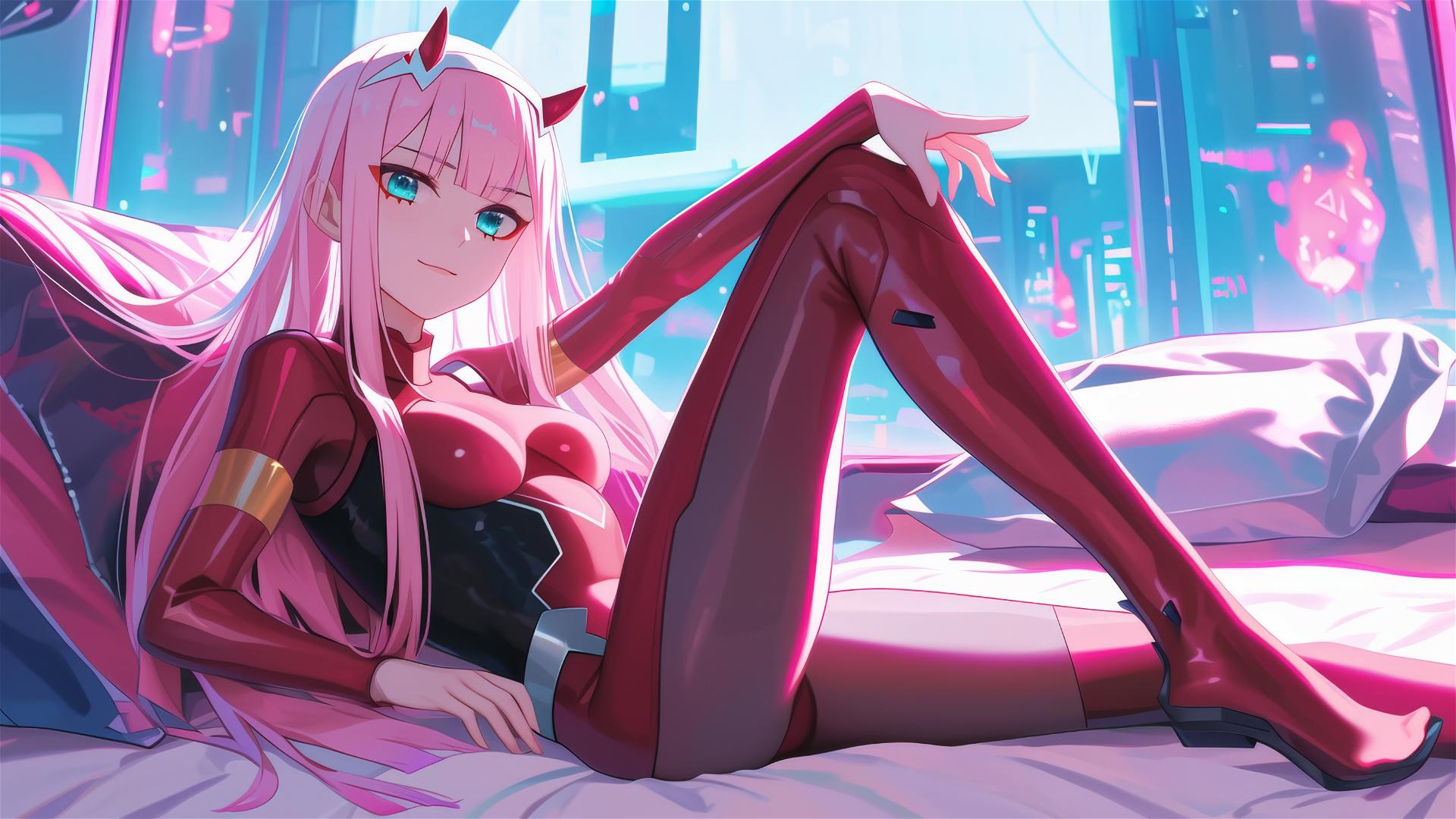 Zero Two lounging in neon pink lighting, black and pink leather attire.