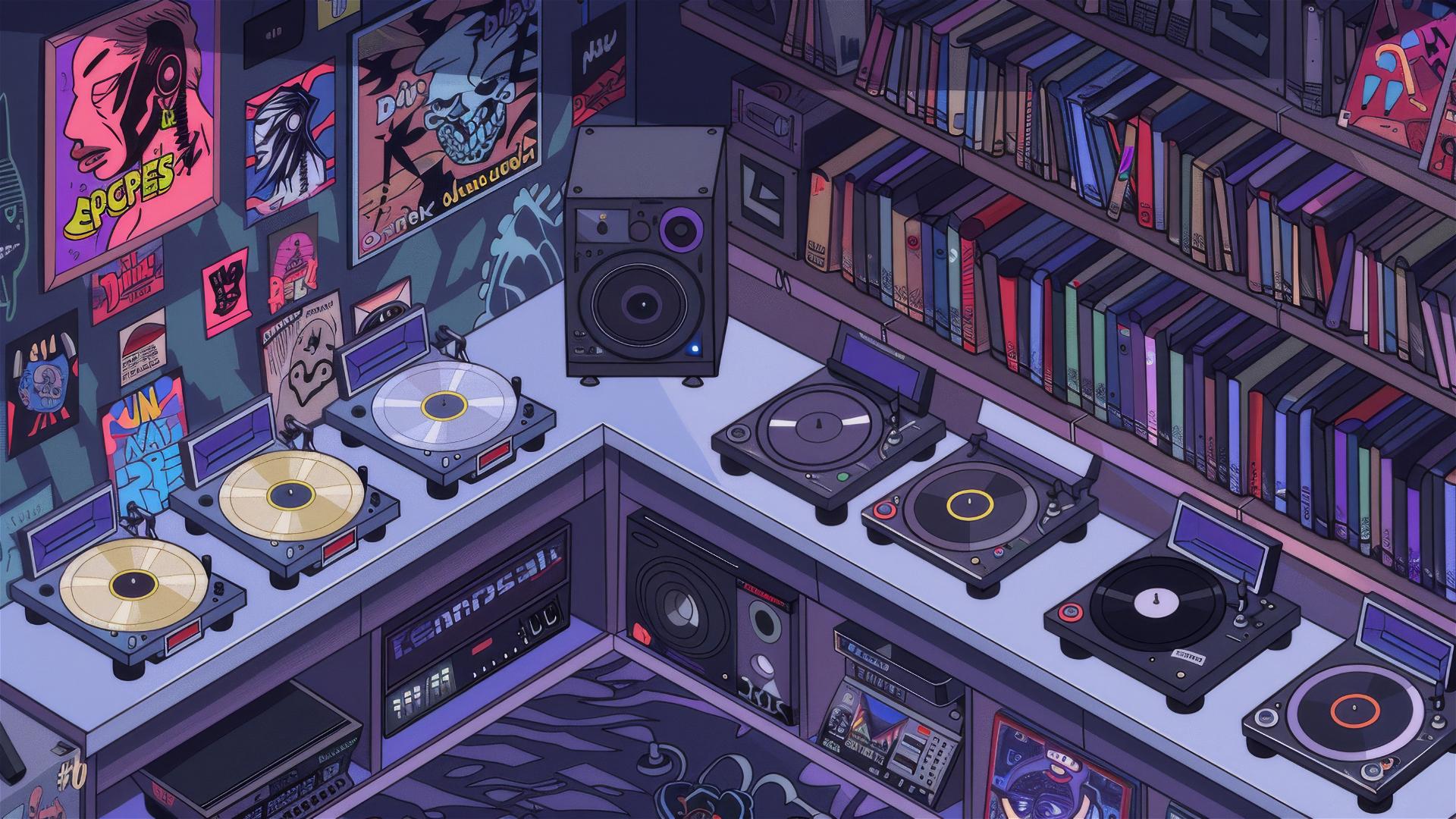 Isometric anime-style vinyl record shop with DJ turntables and rave art.