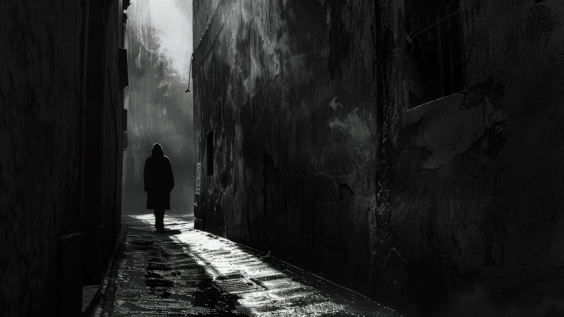 Figure at the edge of light and shadow in an alley, black and gray, retro style.