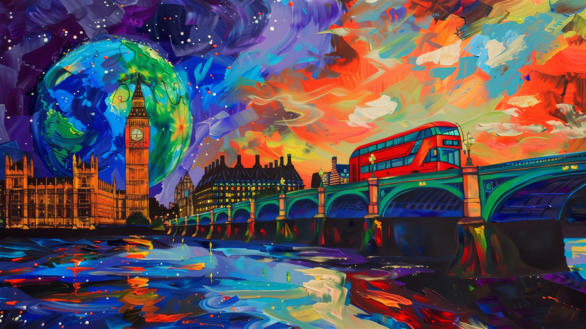 Childlike painting of Thames, Big Ben, red bus, stars, and Earth.