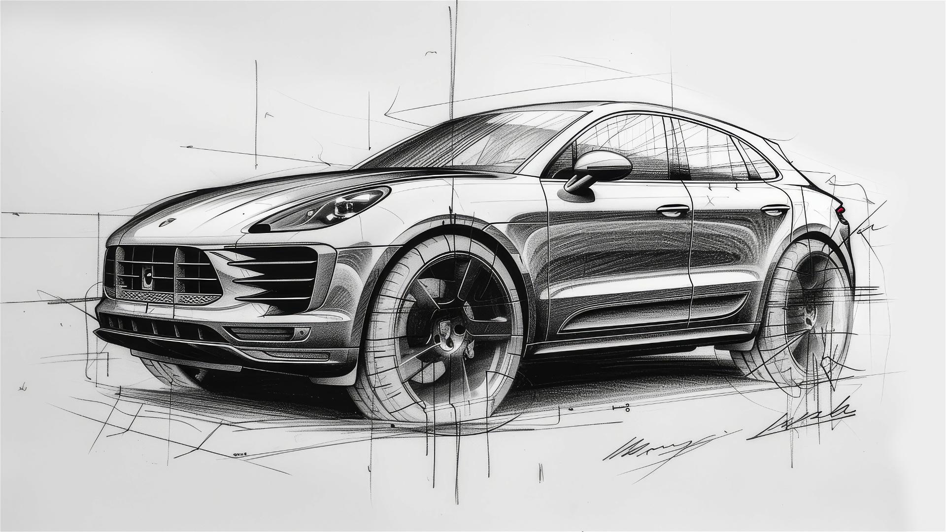 Black and white blueprint and sketch of Porsche Macan Turbo