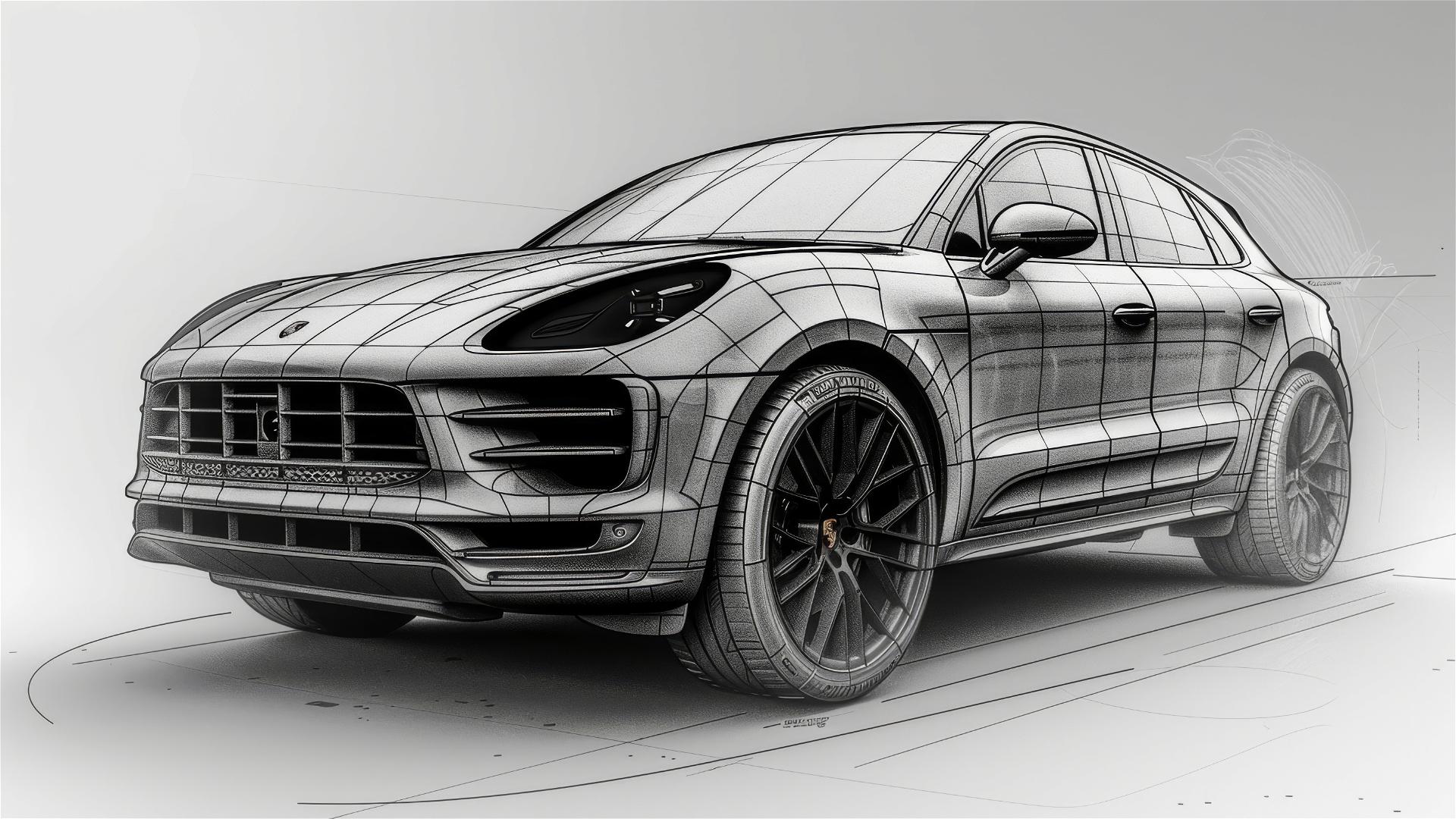 Black and white blueprint and sketch of Porsche Macan Turbo, front 3/4 view.