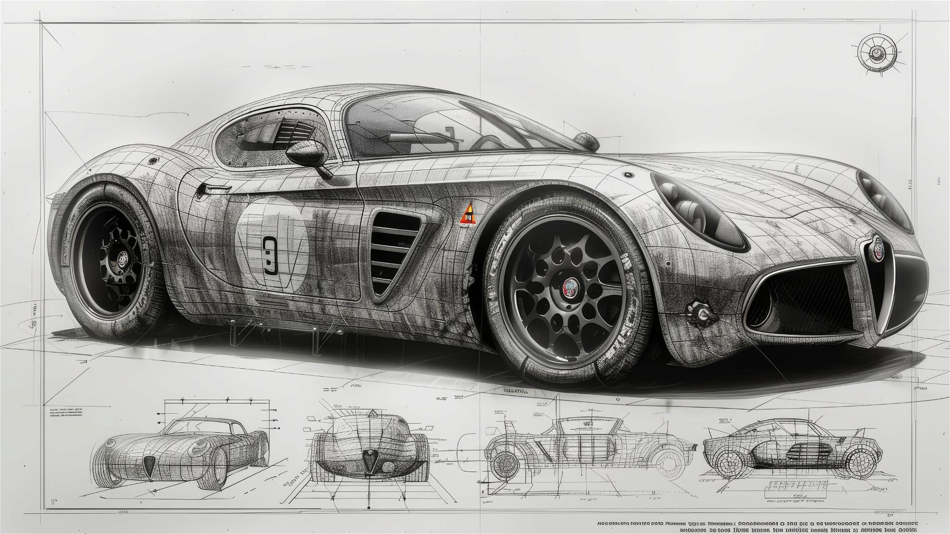 Black and white blueprint and sketch of Alfa Romeo 8C Competizione