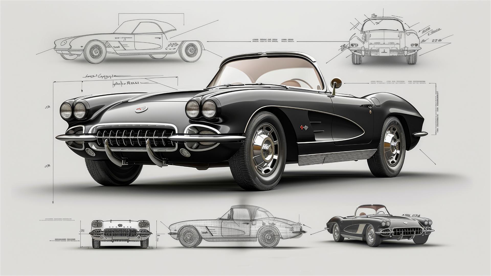 Black and white Chevrolet Corvette blueprint and sketch.