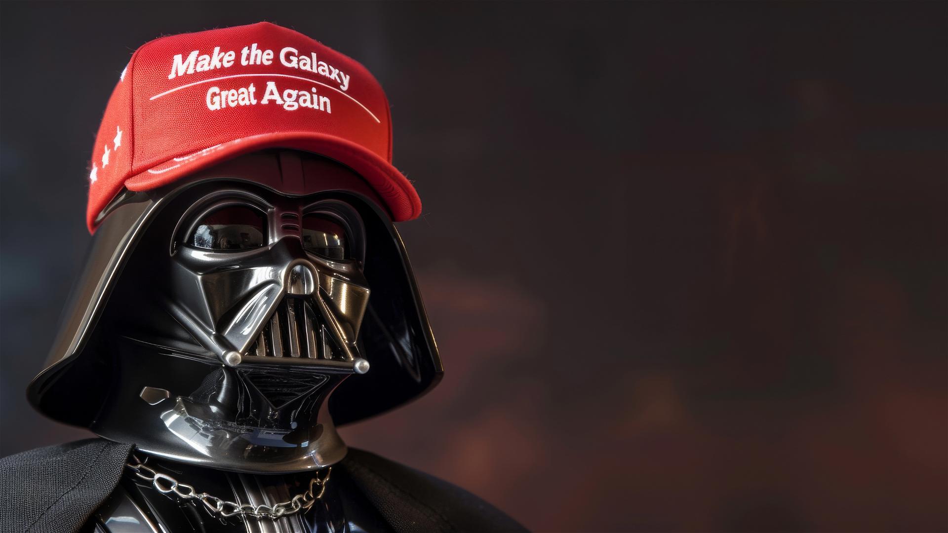 Darth Vader with a red 'Make the Galaxy Great Again' trucker hat