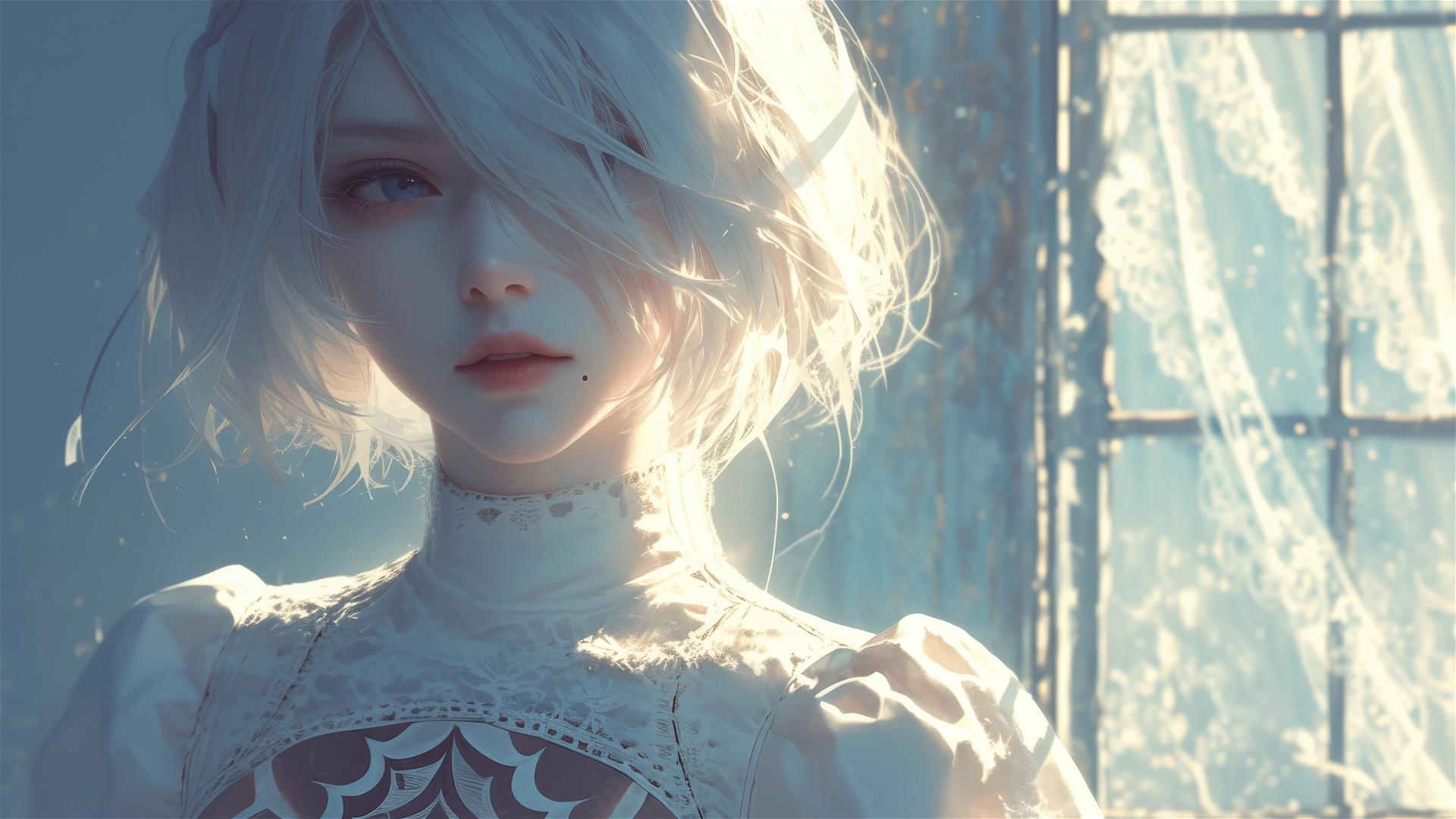 2B from Nier in white silk pajamas by a window at sunrise.