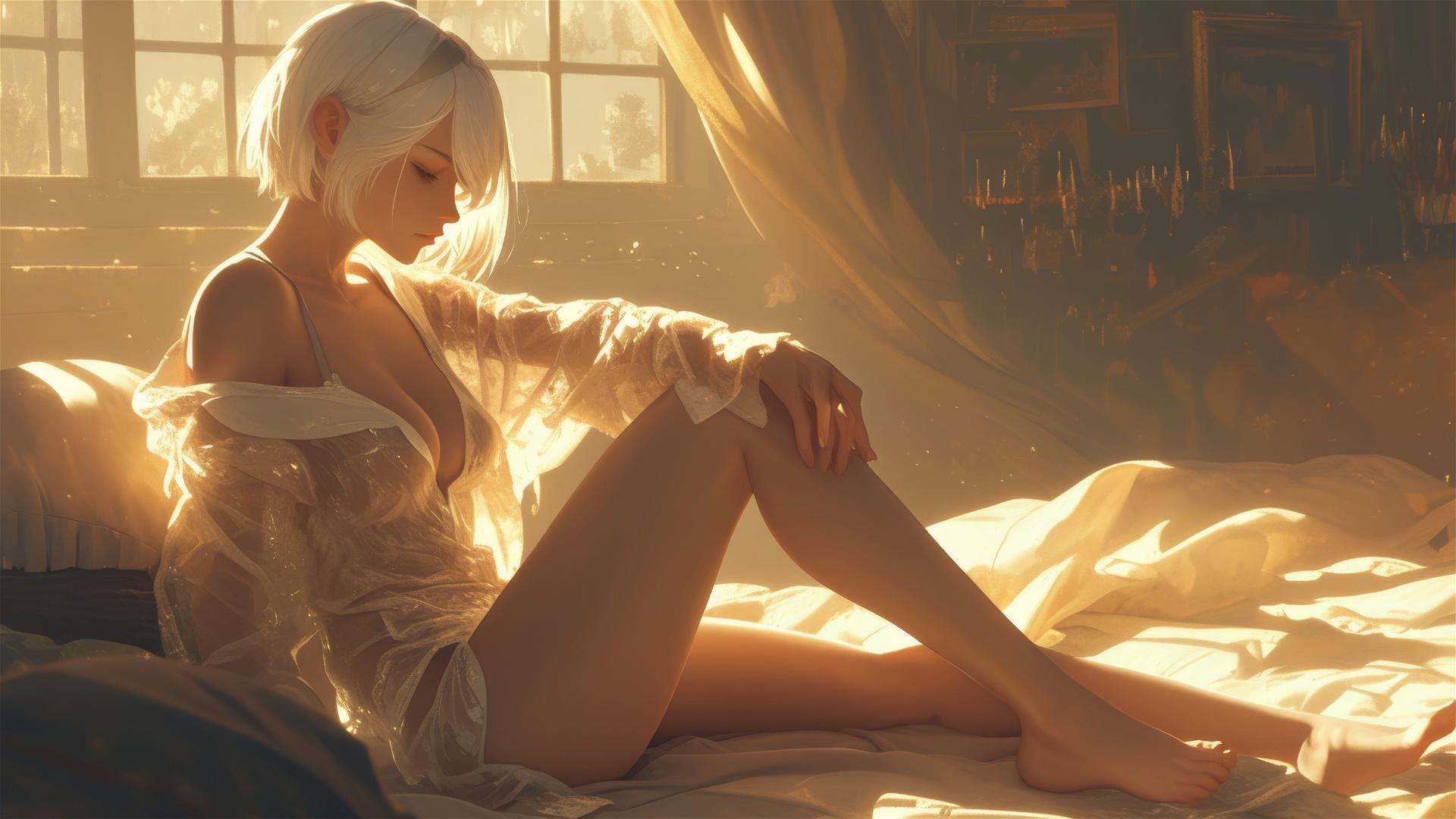 2B from Nier in white silk pajamas, basking in sunrise glow