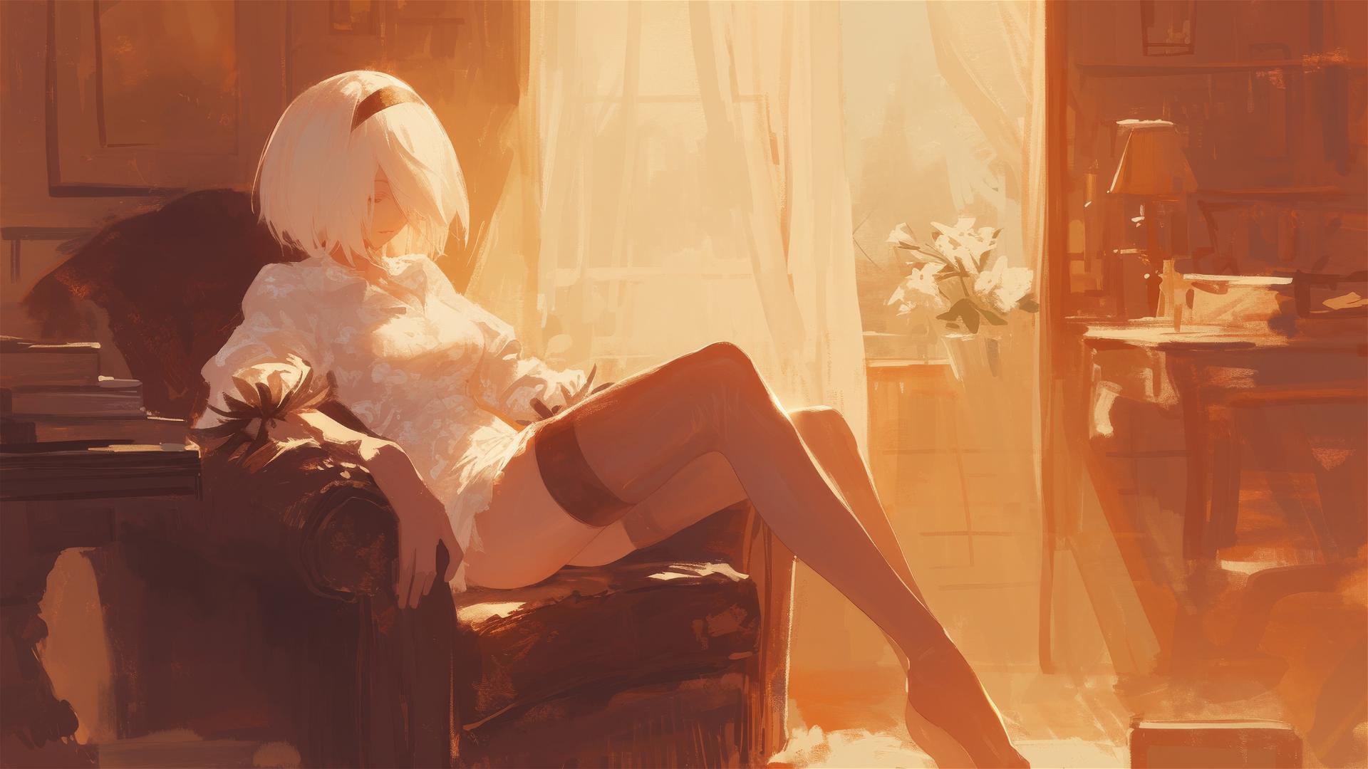 2B from Nier in white silk pajamas resting at sunrise.