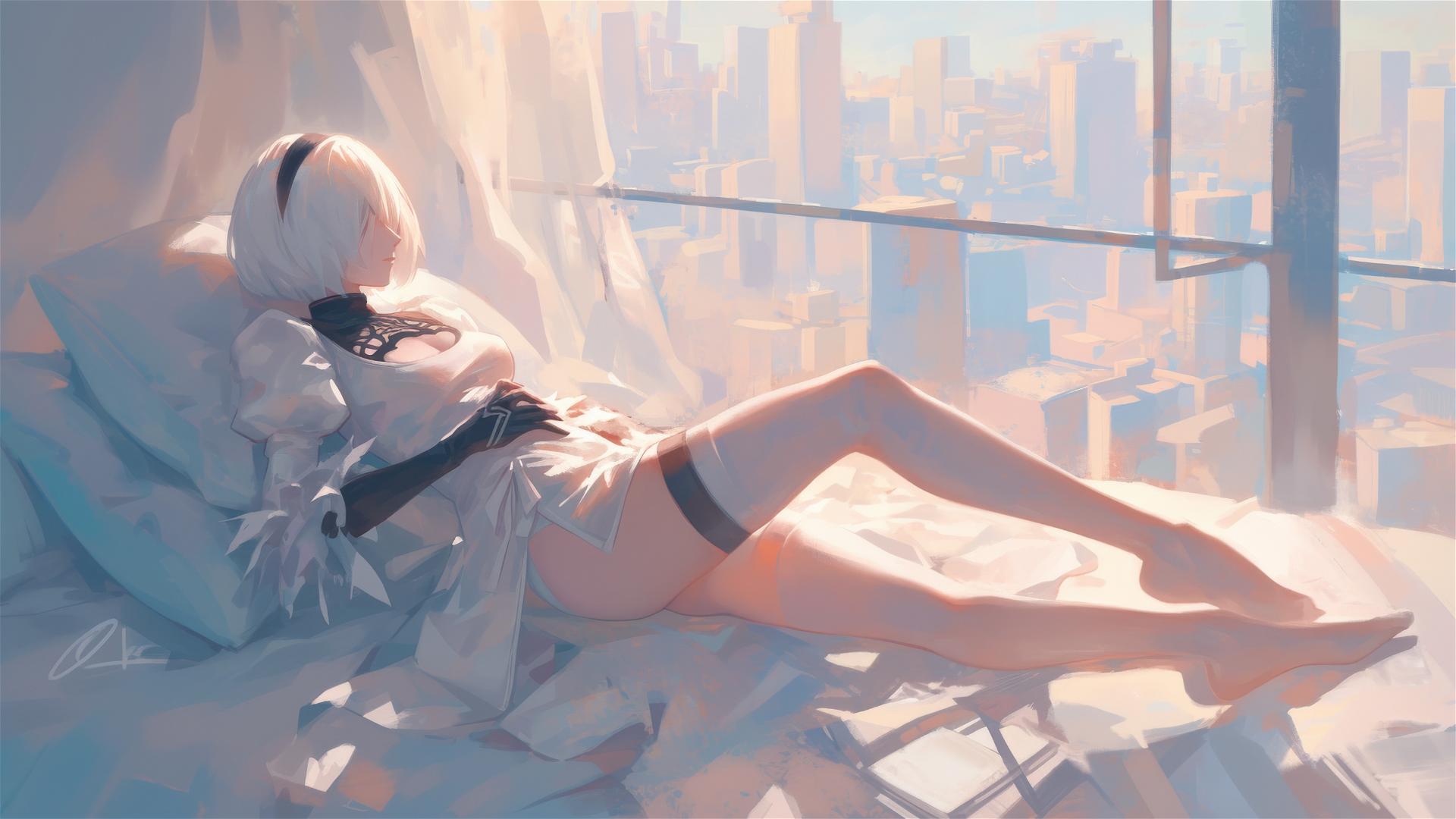 2B from Nier in white silk pajamas resting at sunrise.