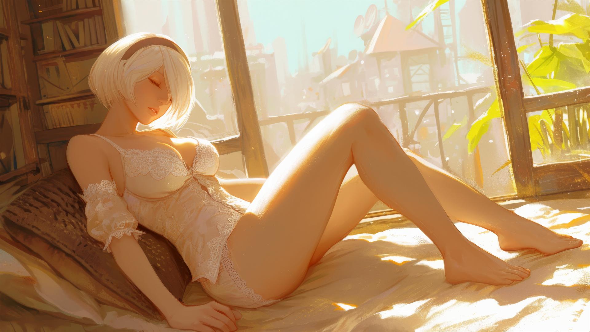 2B from Nier in white silk pajamas, resting at sunrise.