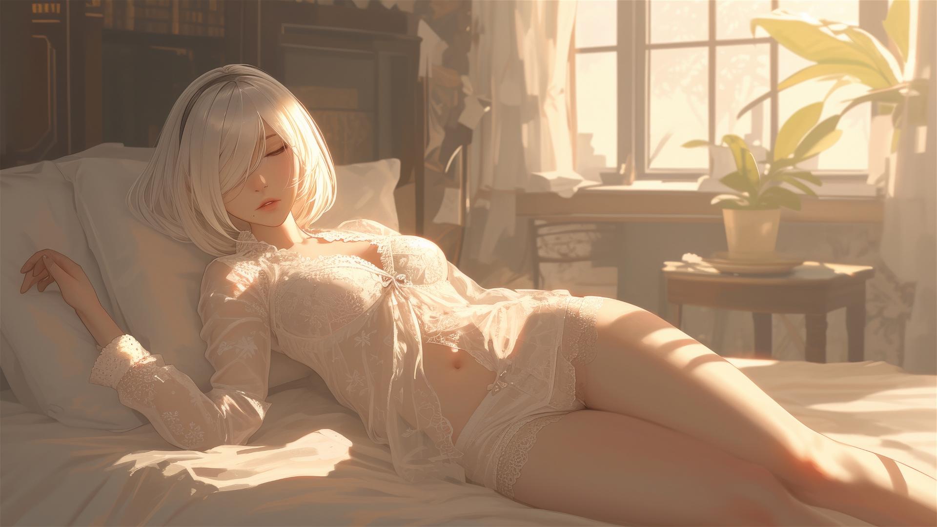 2B from Nier in white silk pajamas, basking in sunrise glow.