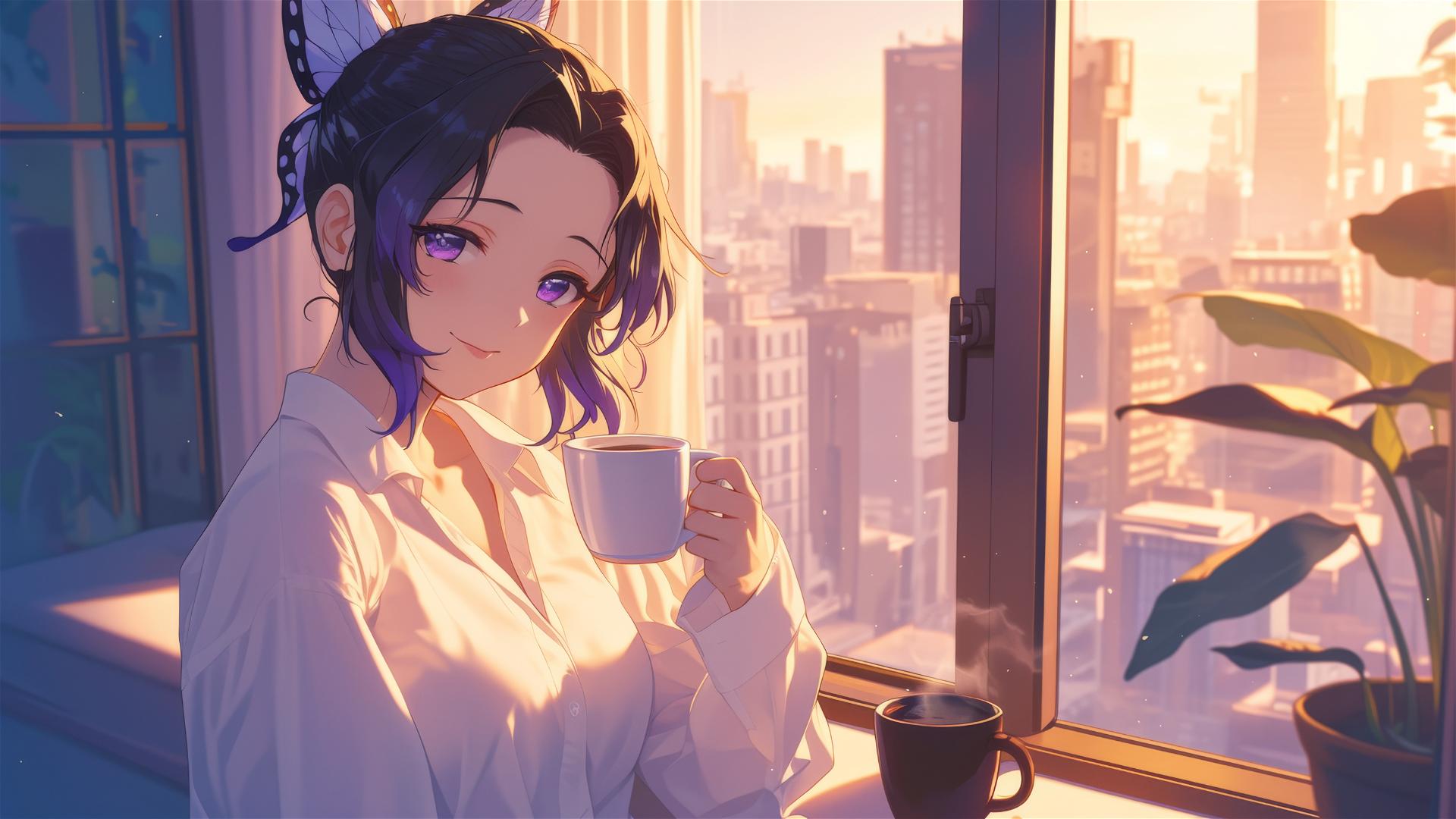 Shinobu Kocho from Demon Slayer in a white silk shirt, sipping coffee at sunrise.