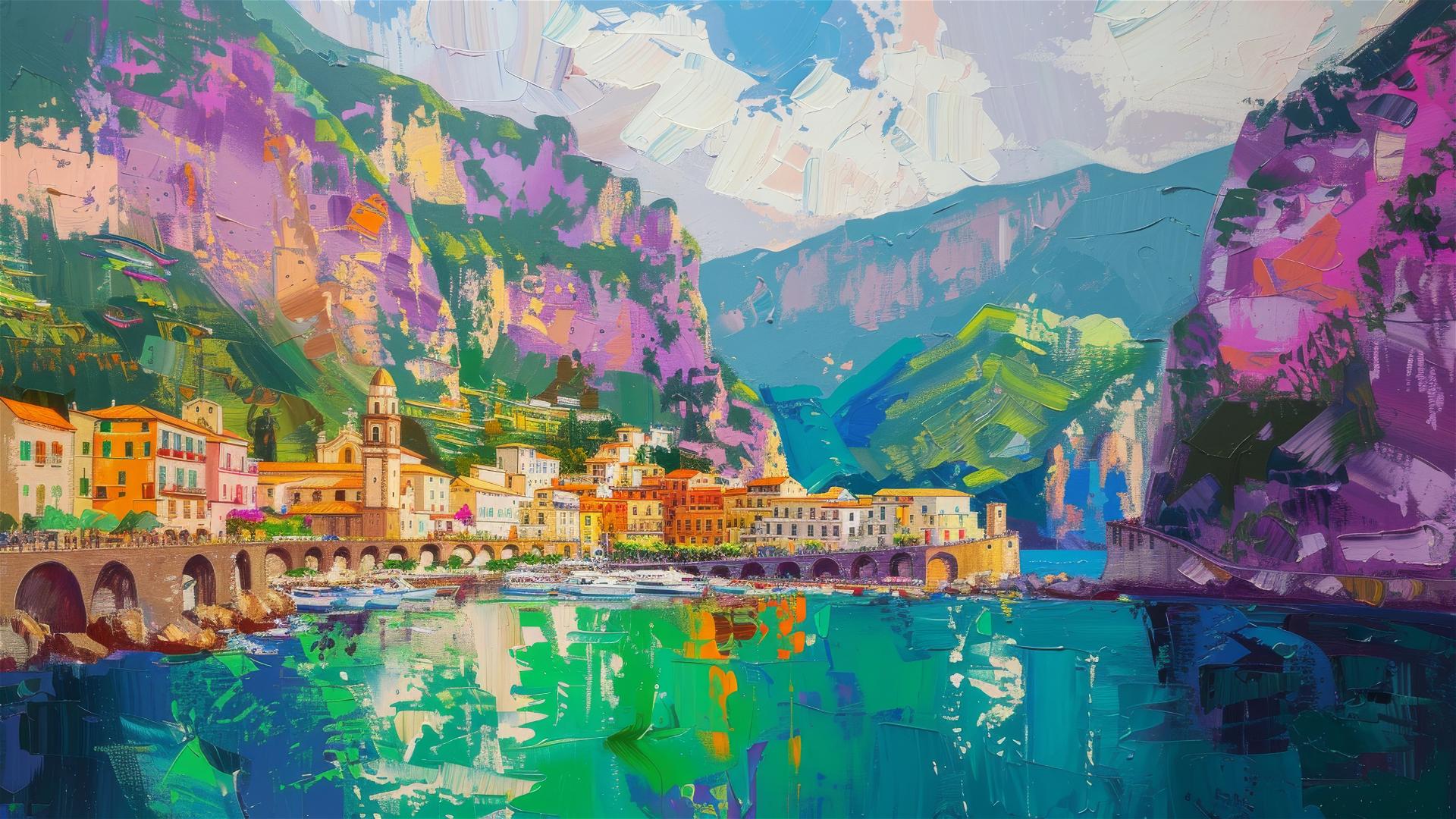 Abstract painting of Amalfi Coast in neon colors with gold accents