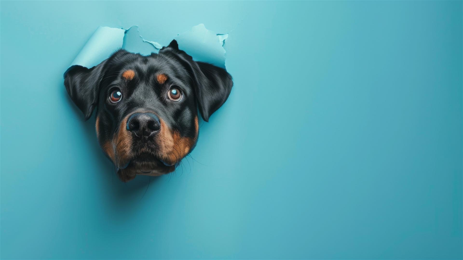 Rottweiler peeking through hole in sky blue paper