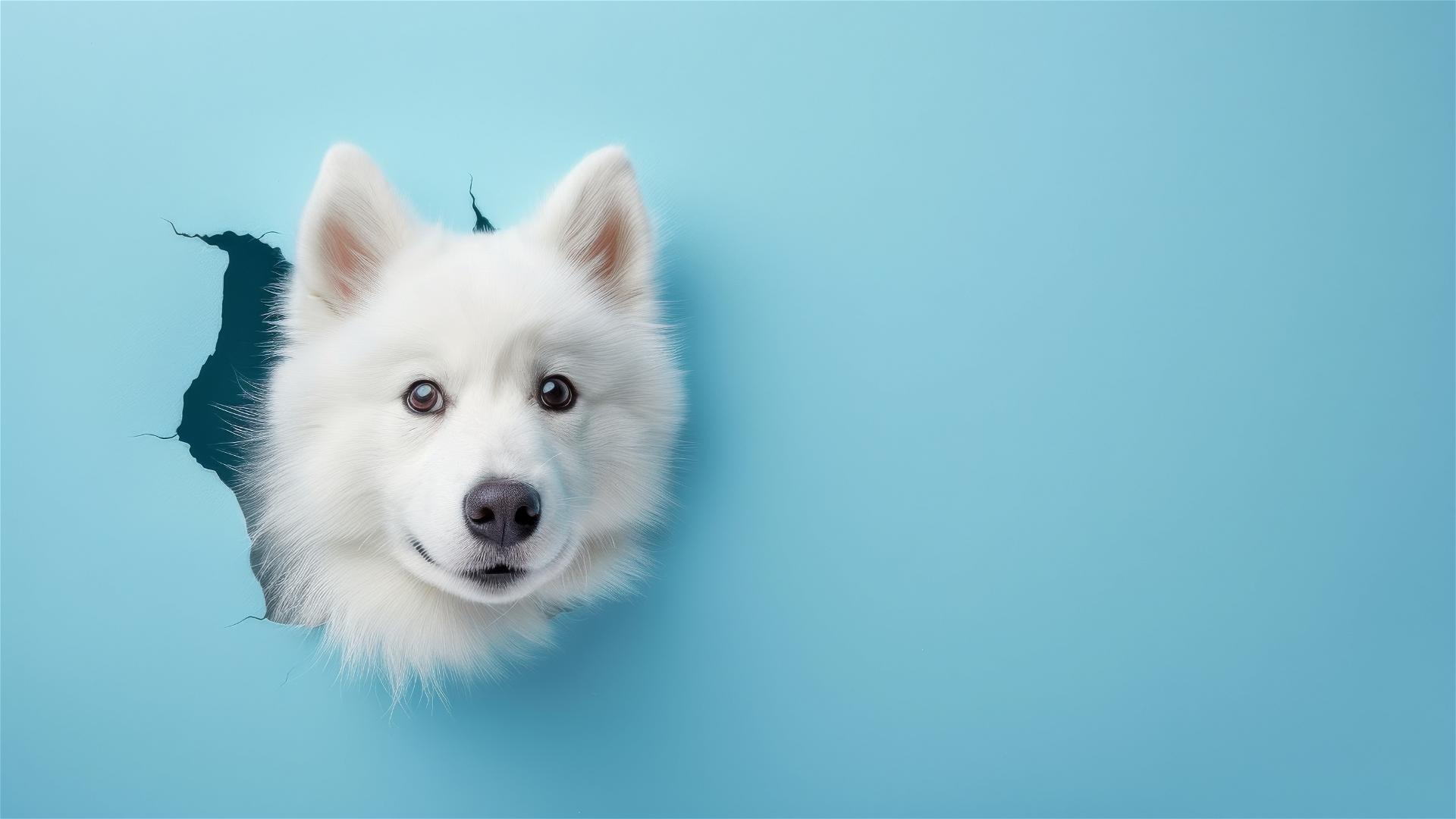 Samoyed dog peeking through a sky blue paper wall