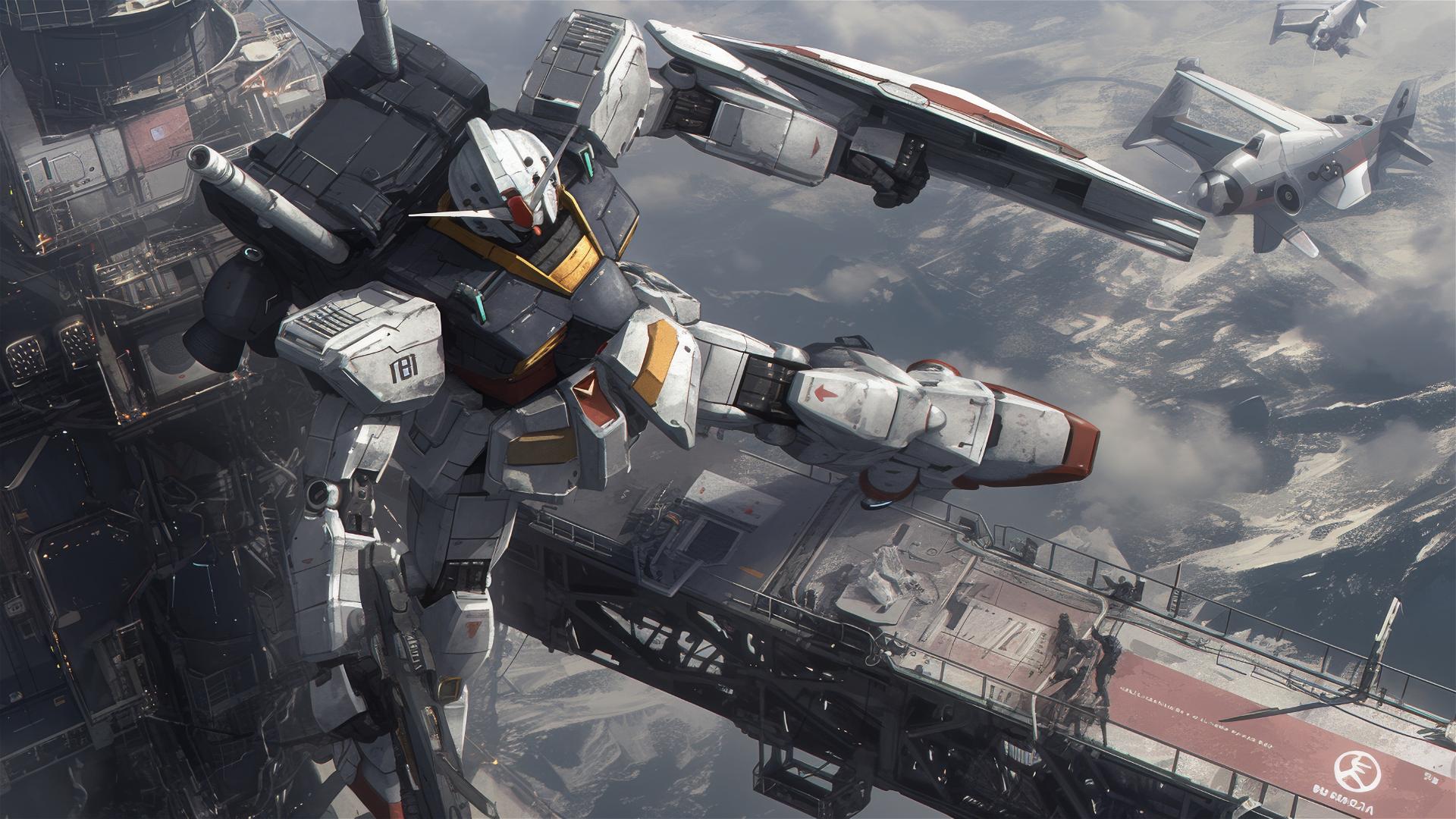 Gundam mobile suit soaring, Roger Deakins style