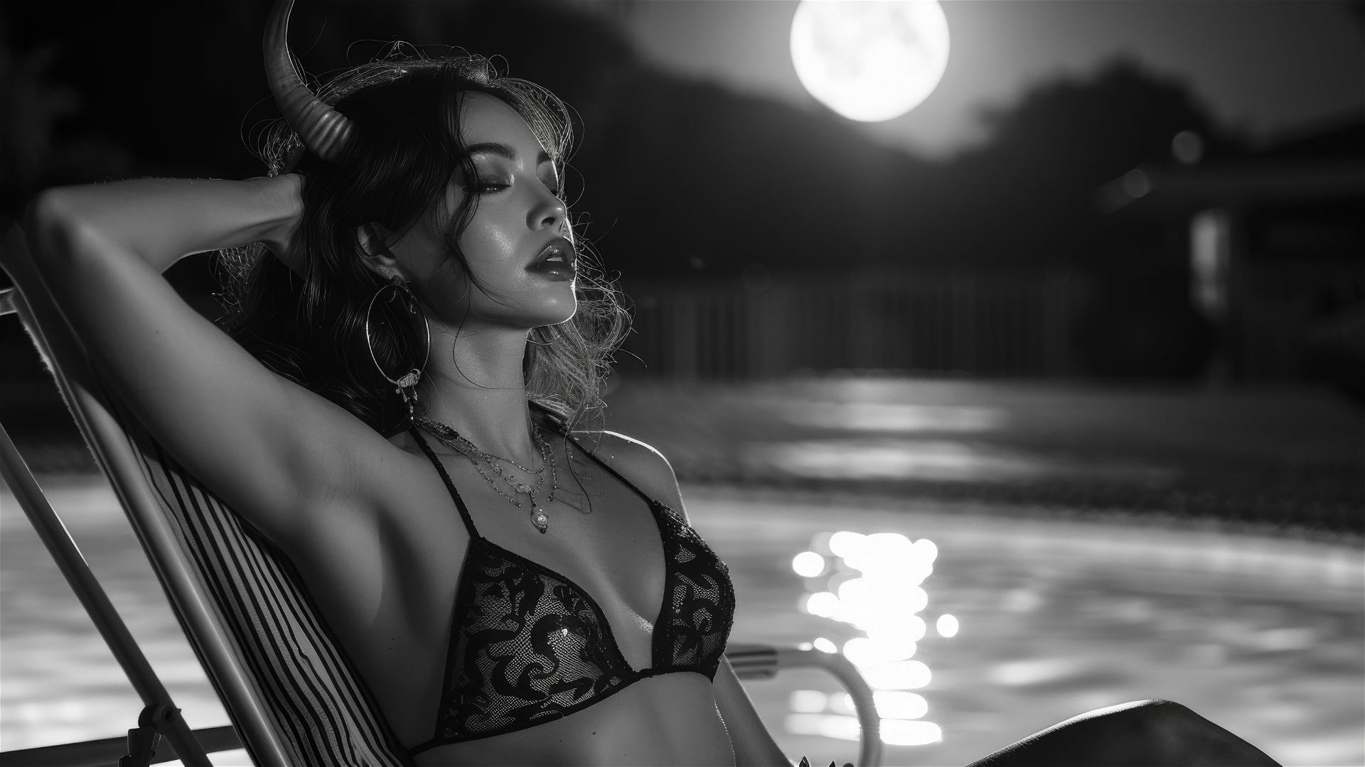 Black and white image of an Asian horned demoness lying by a pool under moonlight