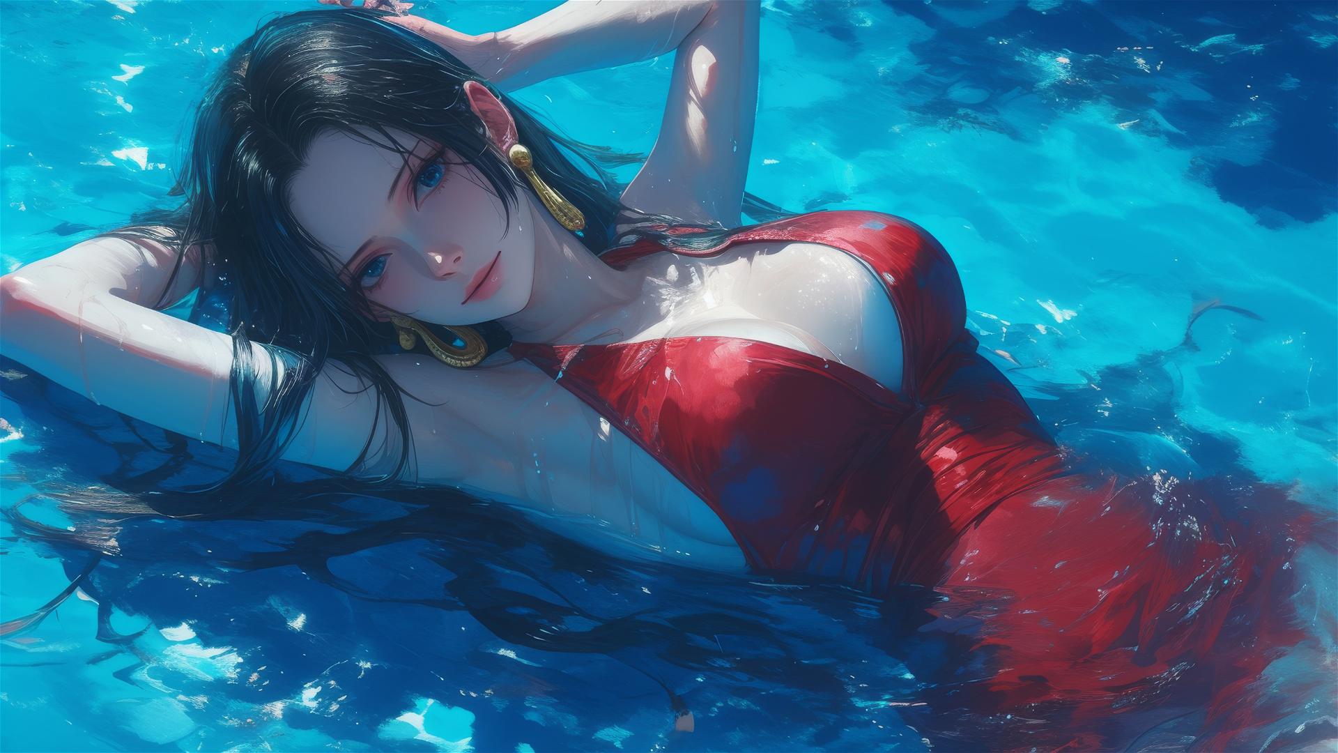 Boa Hancock from One Piece swimming in moonlit pool