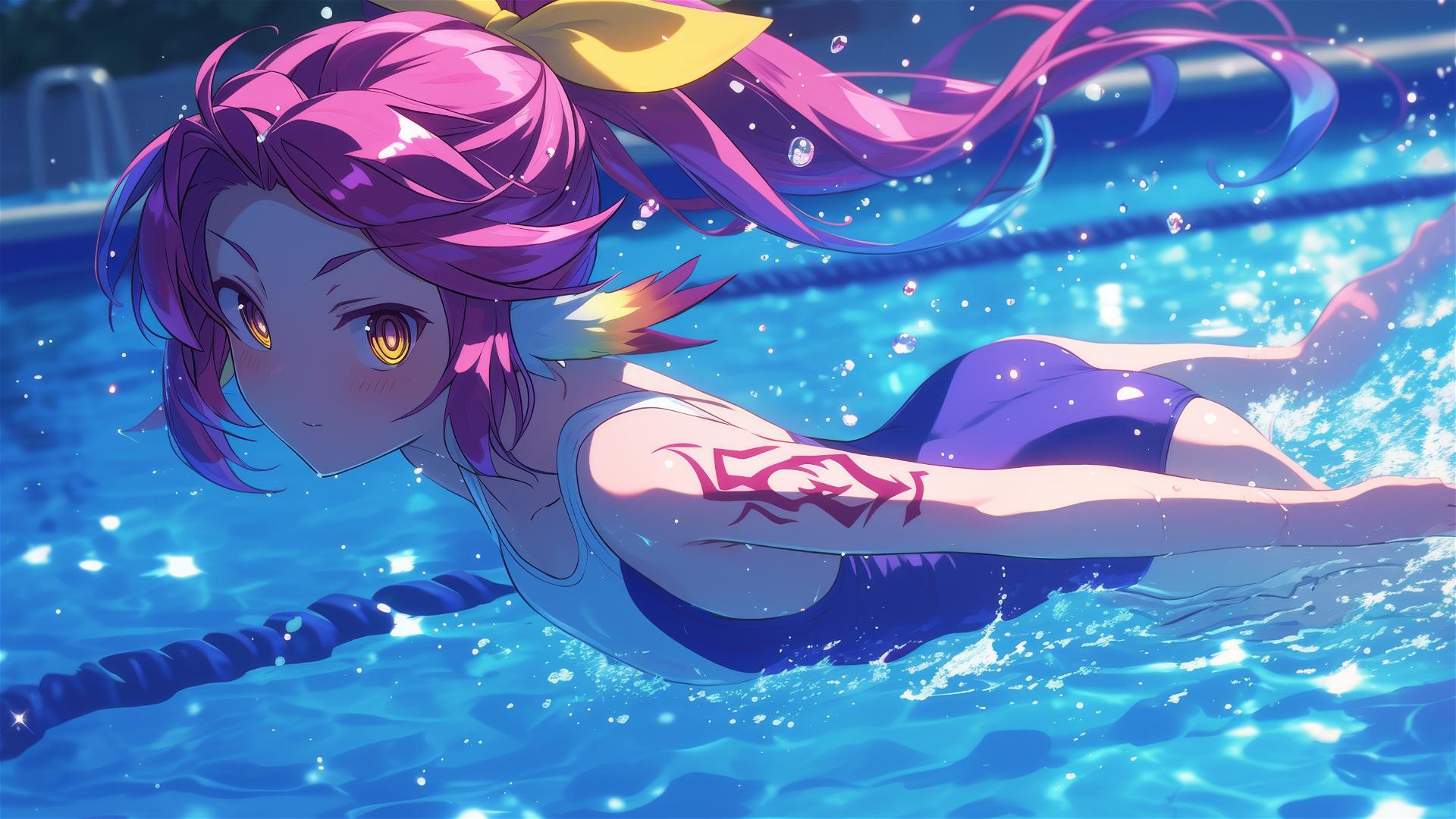 Jibril from No Game No Life swimming in moonlit pool