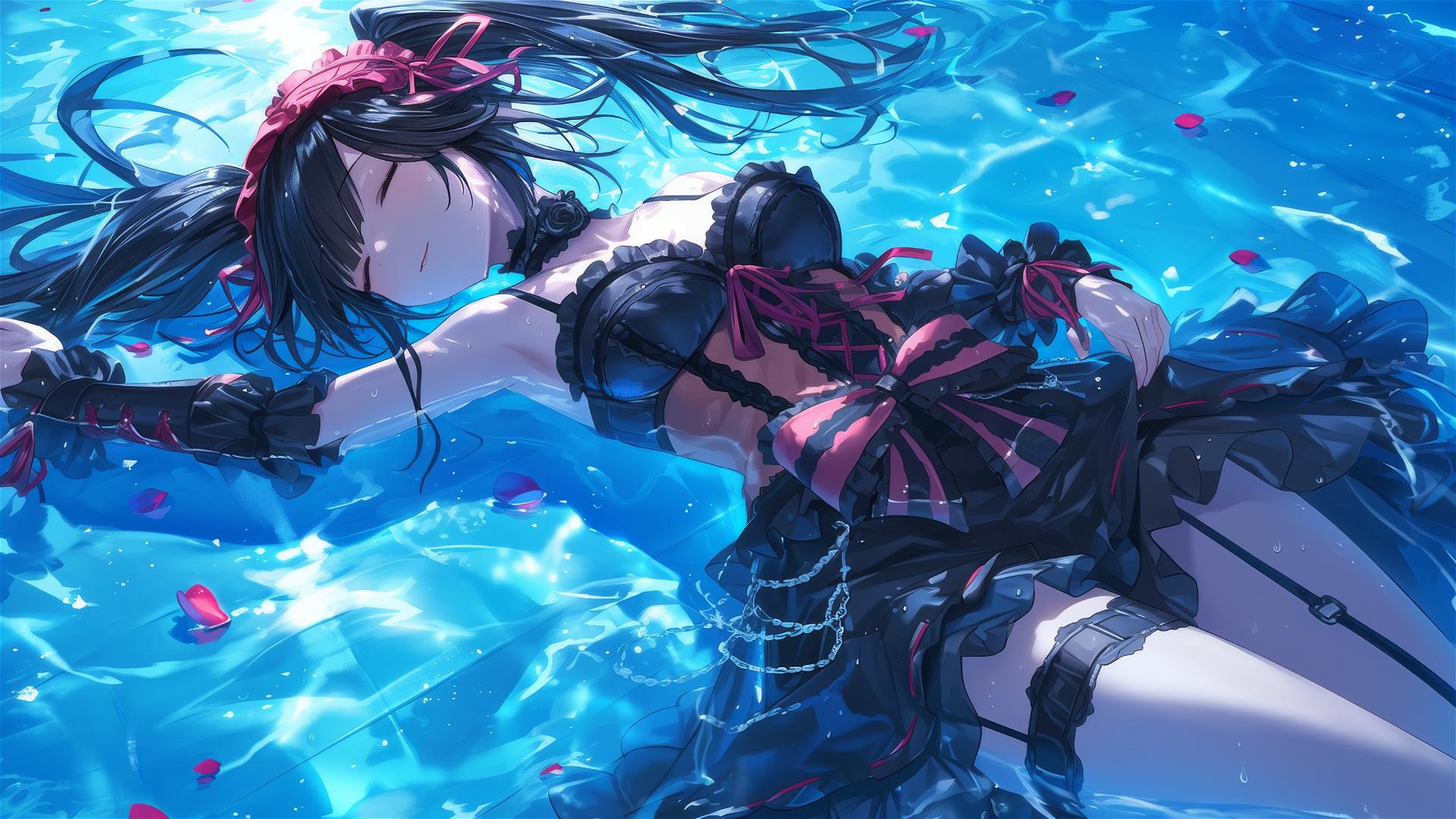 Kurumi Tokisaki swimming under moonlight in pool