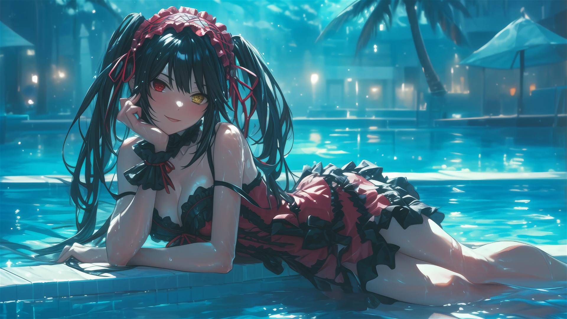 Kurumi Tokisaki from Date A Live resting by the pool under moonlight