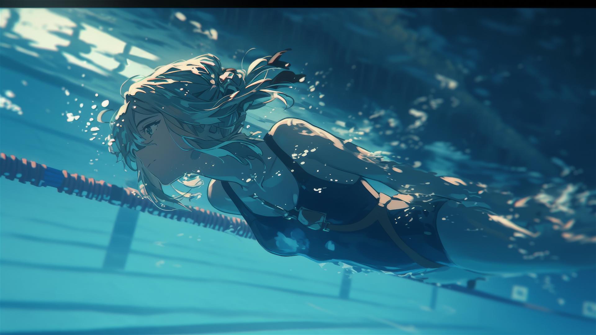 Violet Evergarden swimming in moonlit pool