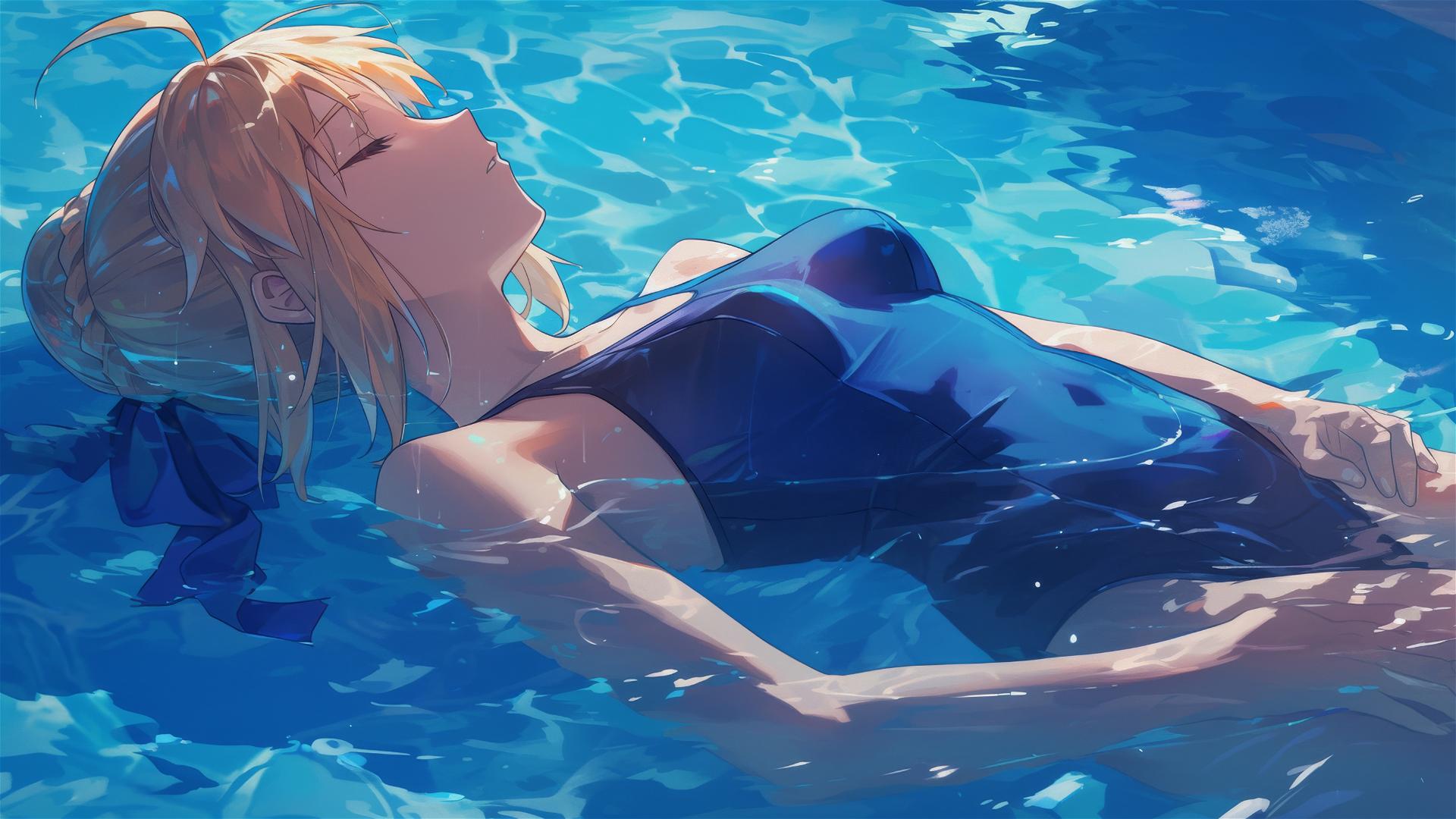 Saber from Fate/Zero swimming in moonlit pool