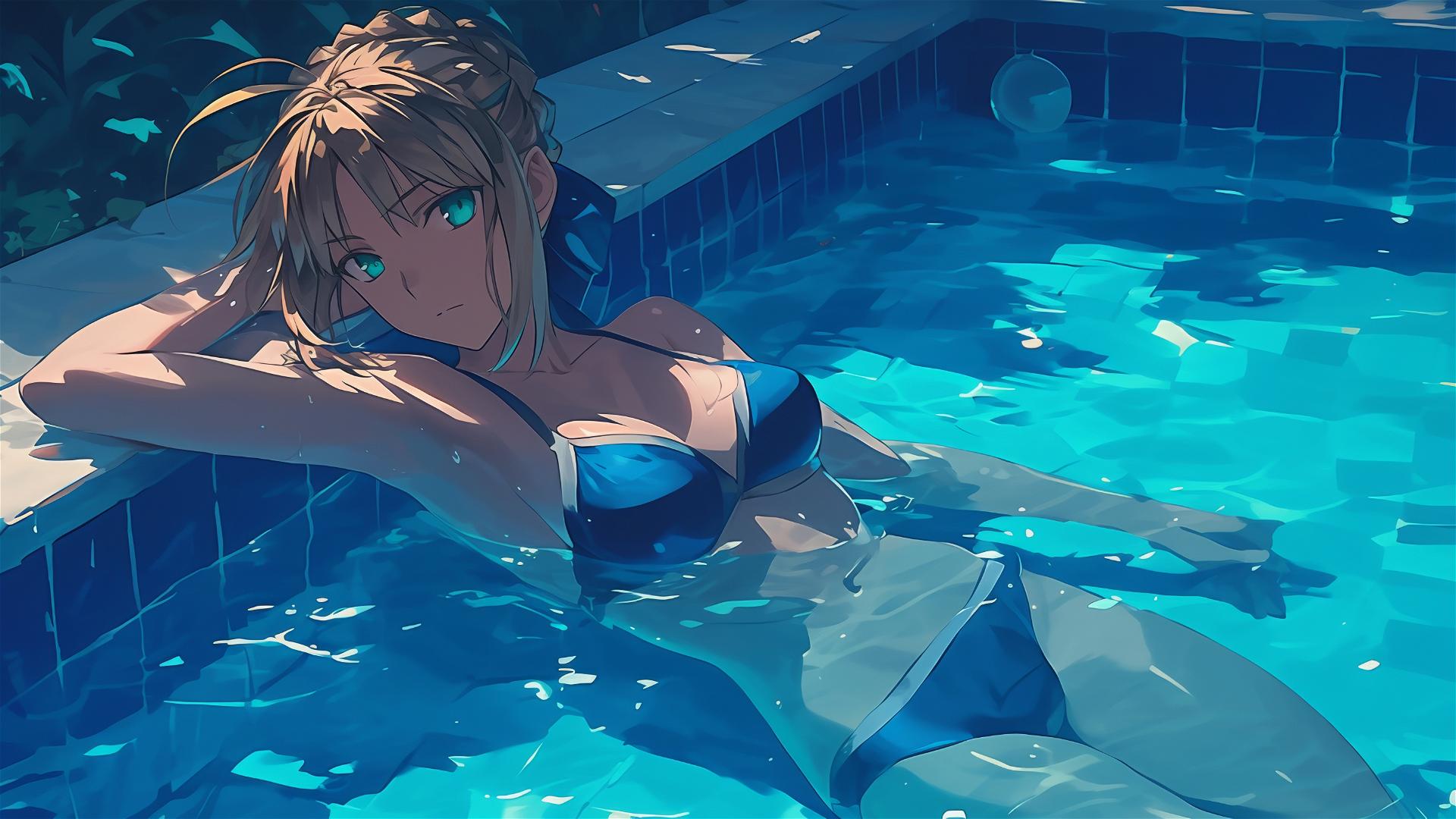 Saber from Fate/Zero swimming in moonlit pool