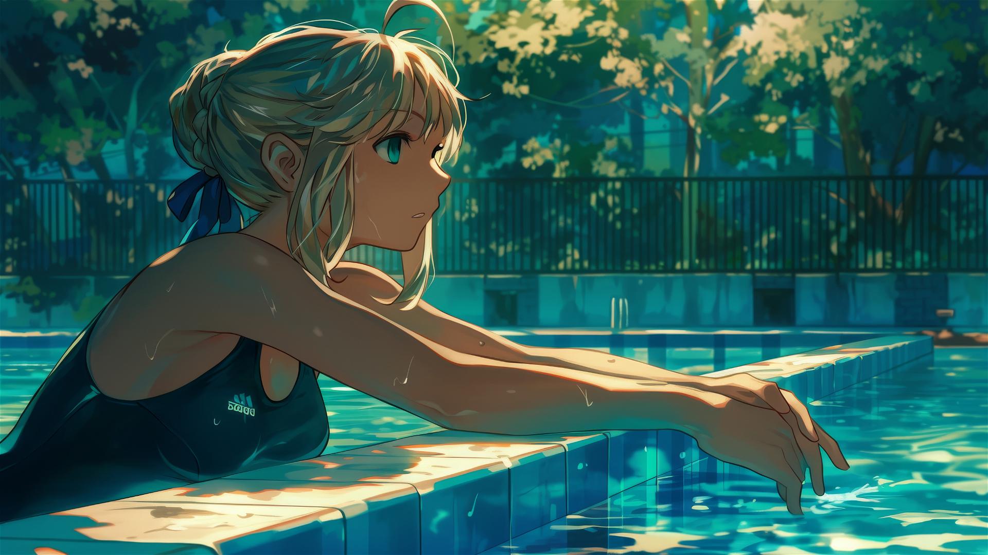 Saber from Fate/Zero relaxing by a pool under moonlight