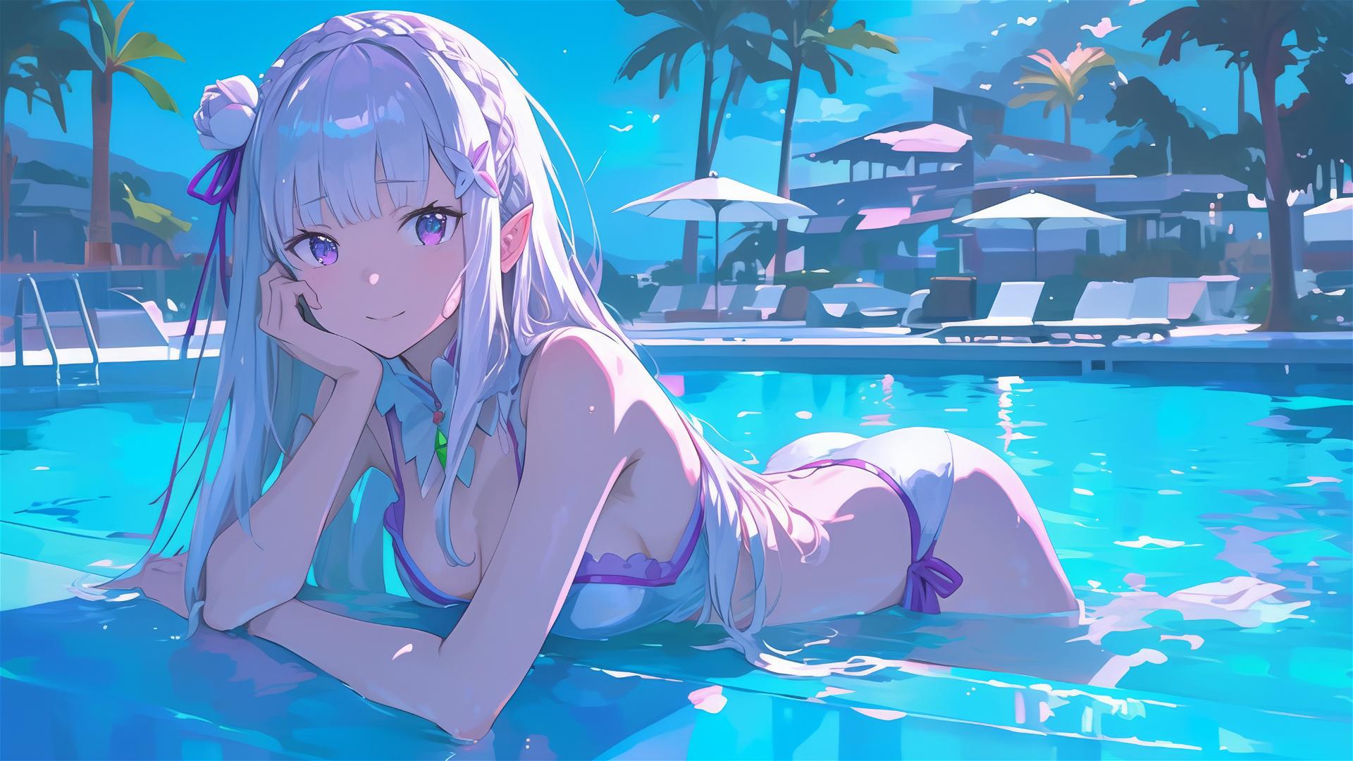 Emilia from Re:Zero relaxing in a pool under moonlight