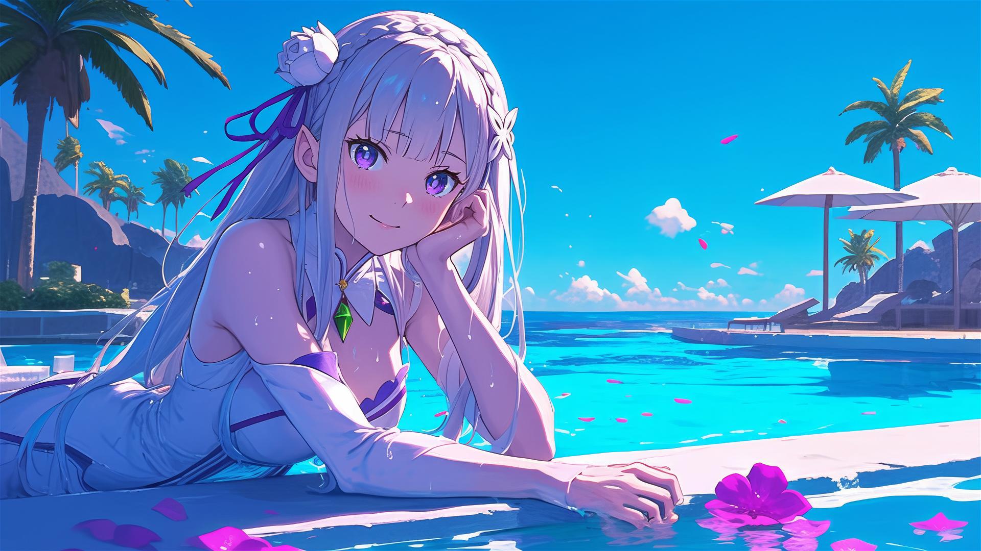 Emilia from Re:Zero resting by a pool under moonlight
