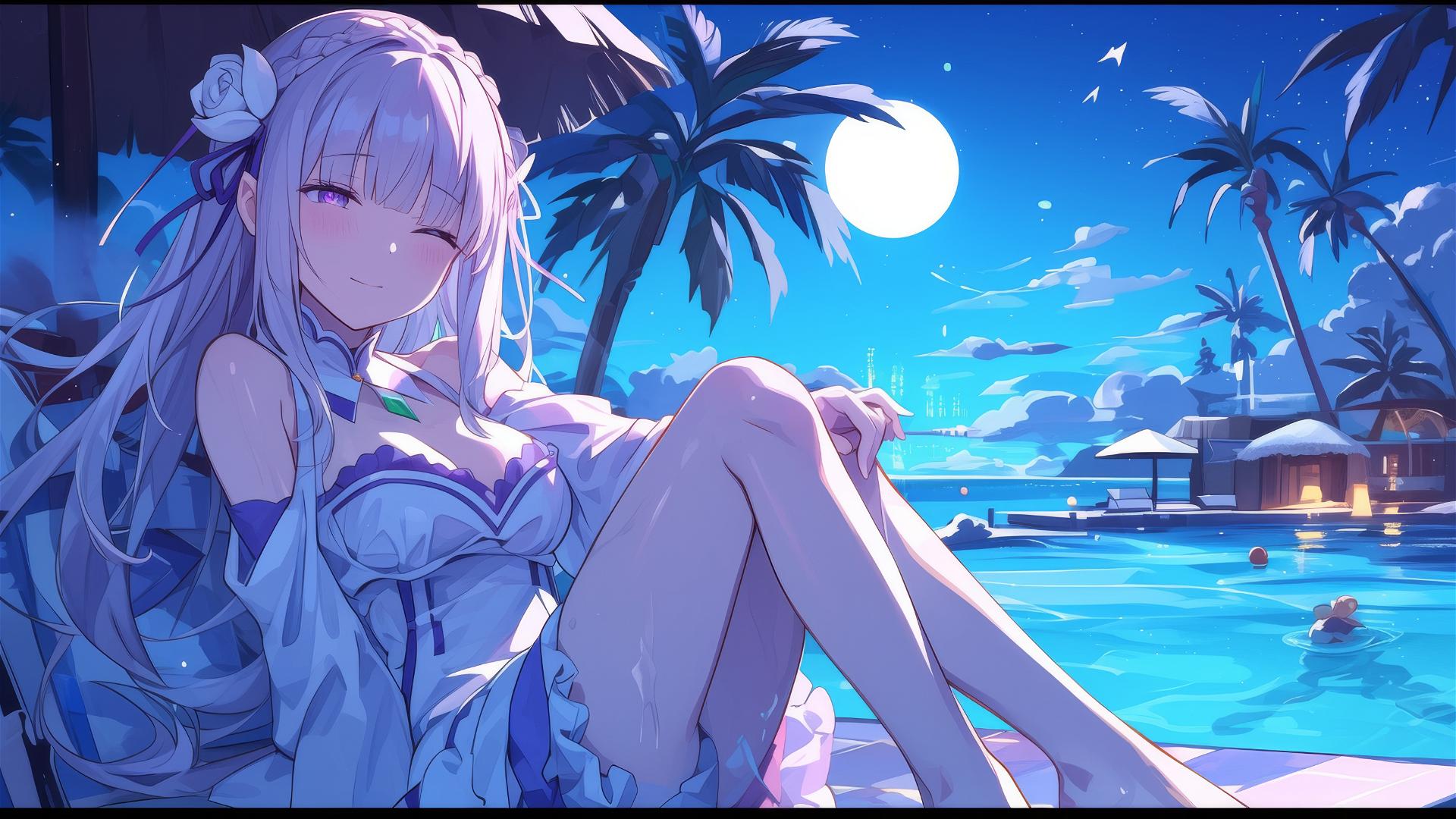 Emilia from Re:Zero resting by a pool under moonlight