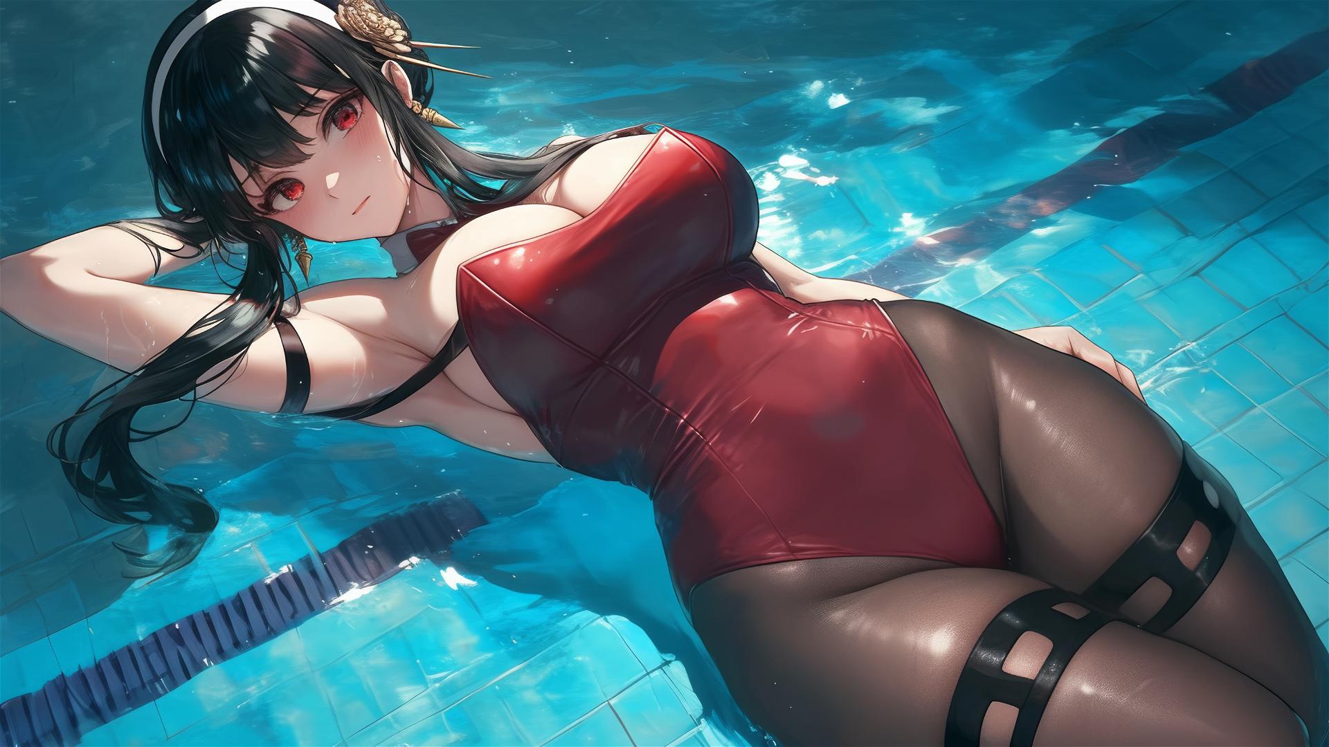 Yor Forger as a bunny girl swimming under moonlight in a pool