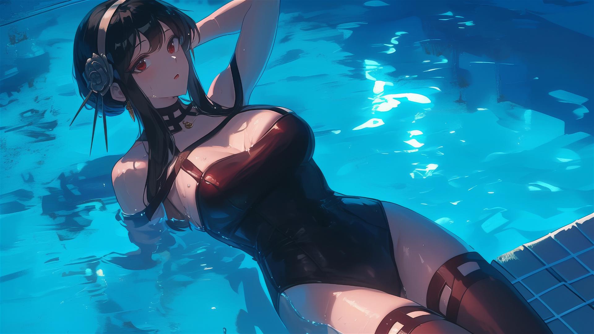 Yor Forger in bunny girl style leisurely swimming under moonlight
