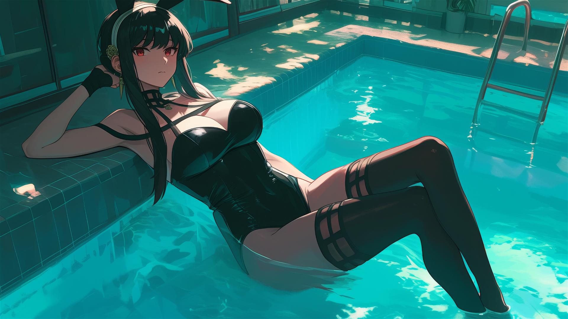 Yor Forger in bunny outfit swimming under moonlight
