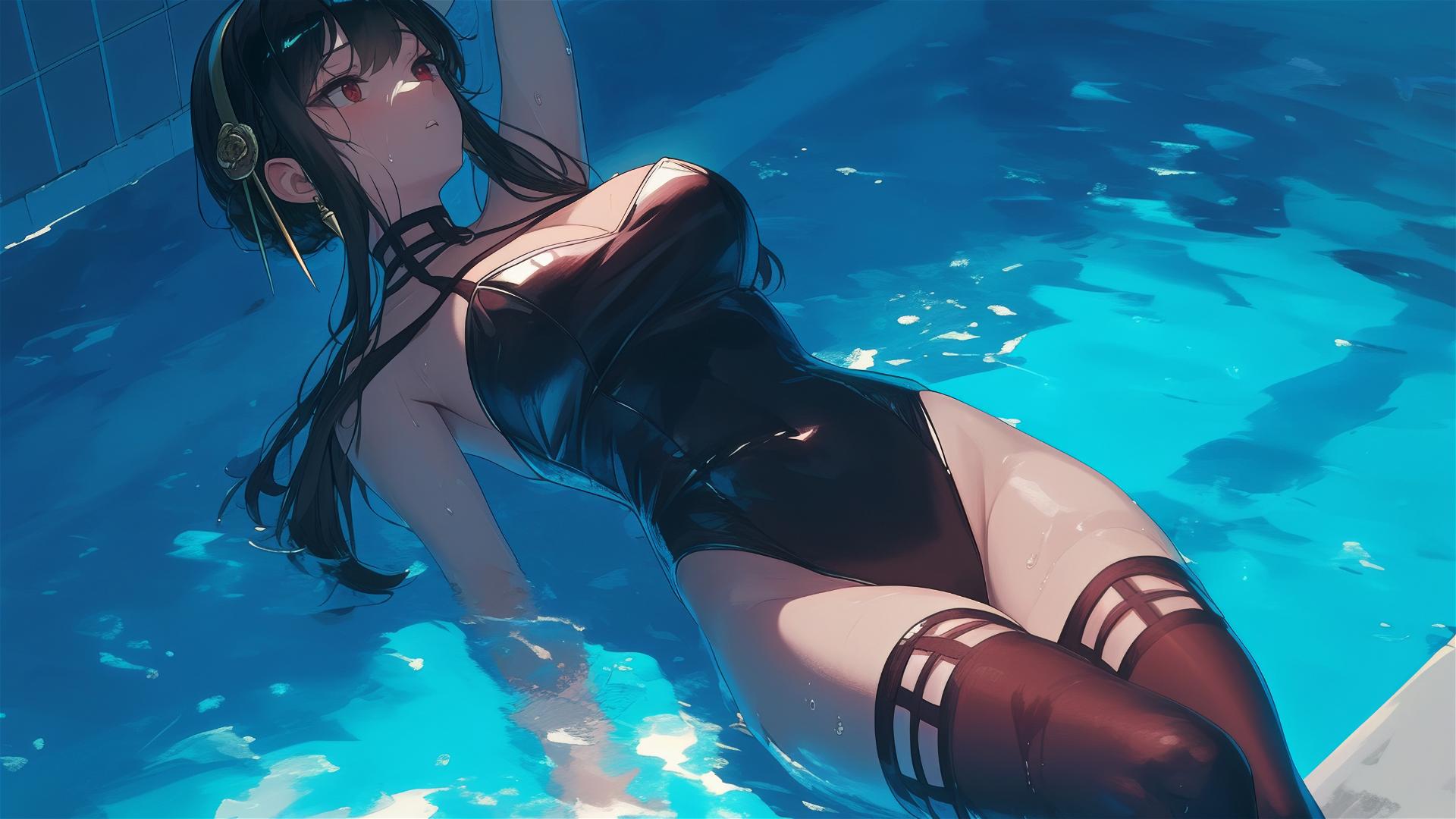 Yor Forger as a bunny girl swimming in a moonlit pool