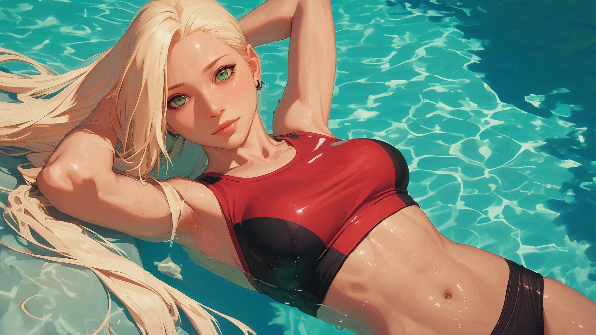 Ino Yamanaka from Naruto resting by pool under moonlight with green eyes