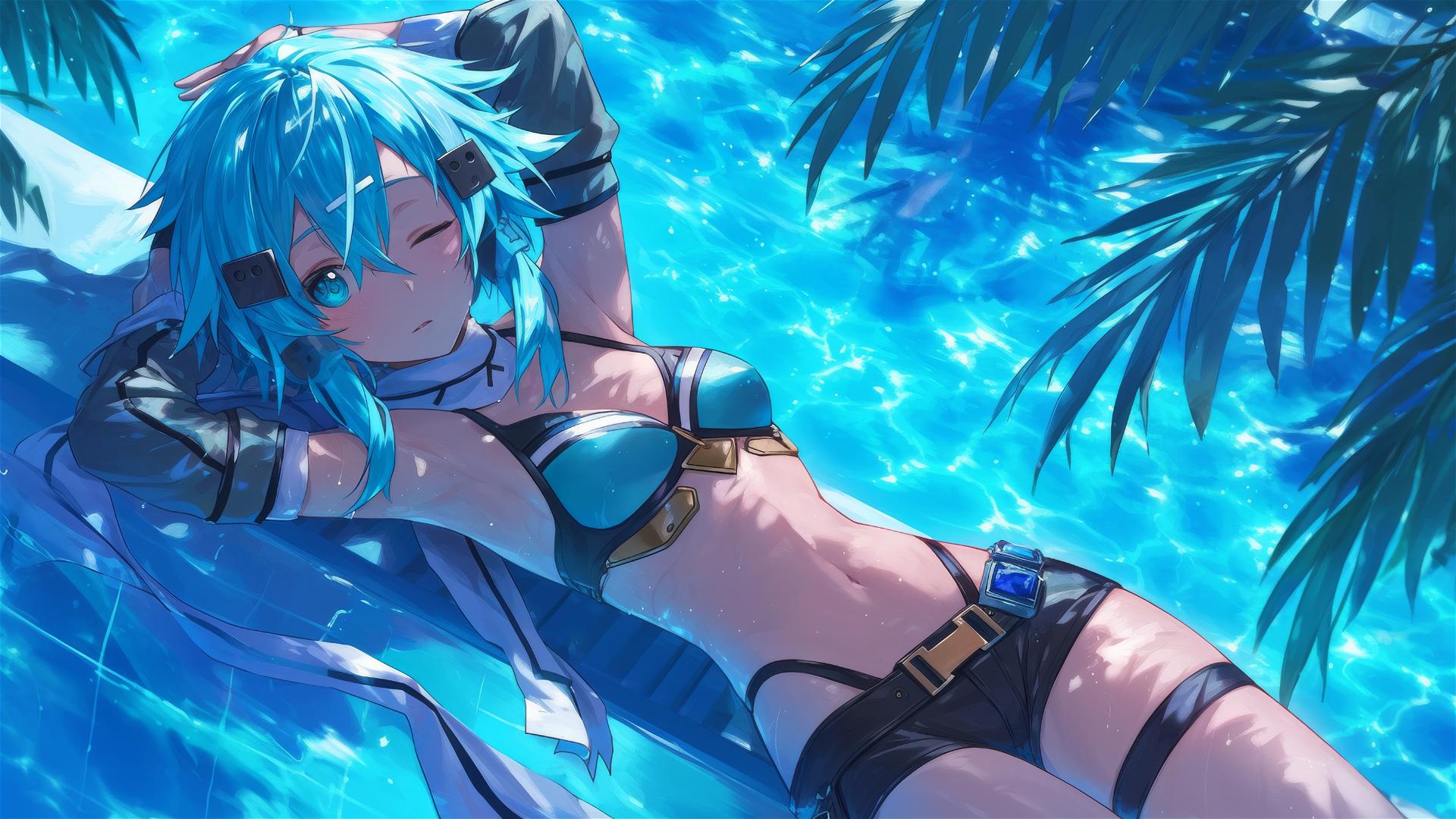 Sinon from SAO resting by pool under moonlight
