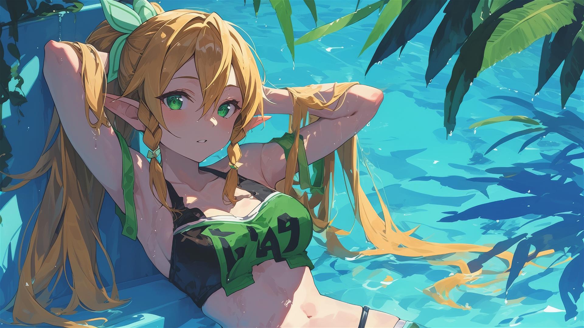 Leafa from Sword Art Online standing in a pool under moonlight