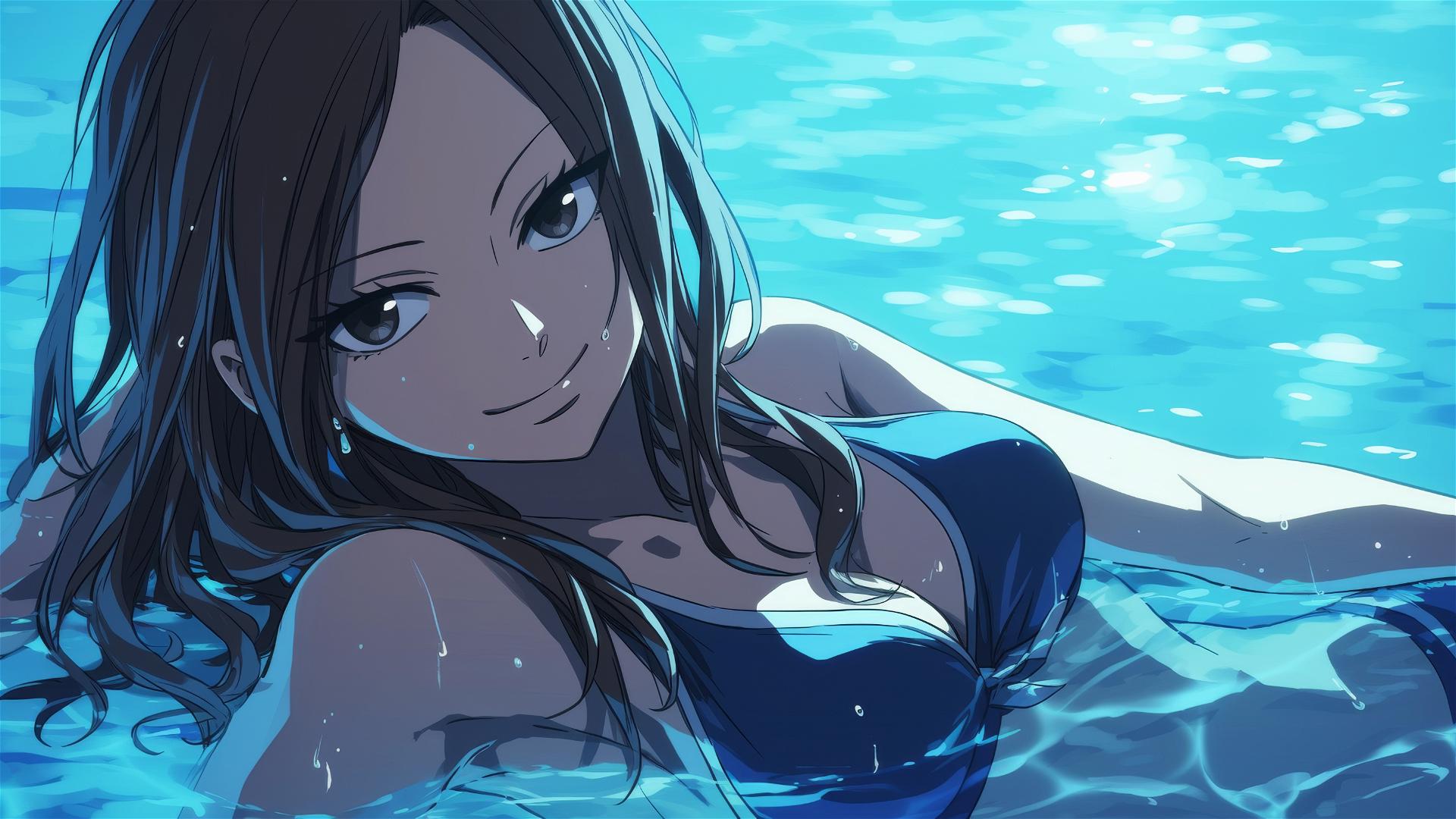 Cana Alberona from Fairy Tail swimming in moonlit pool