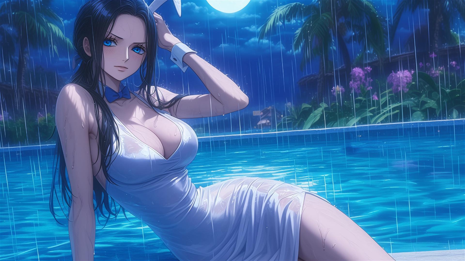 Nico Robin from One Piece in a bunny girl pose by a rainy pool under moonlight.