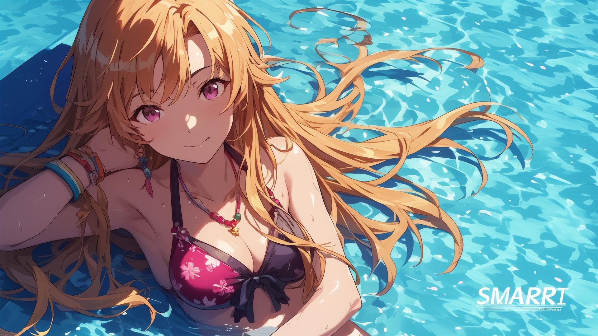 Erina Nakiri swimming in moonlit pool with purple eyes and blonde hair