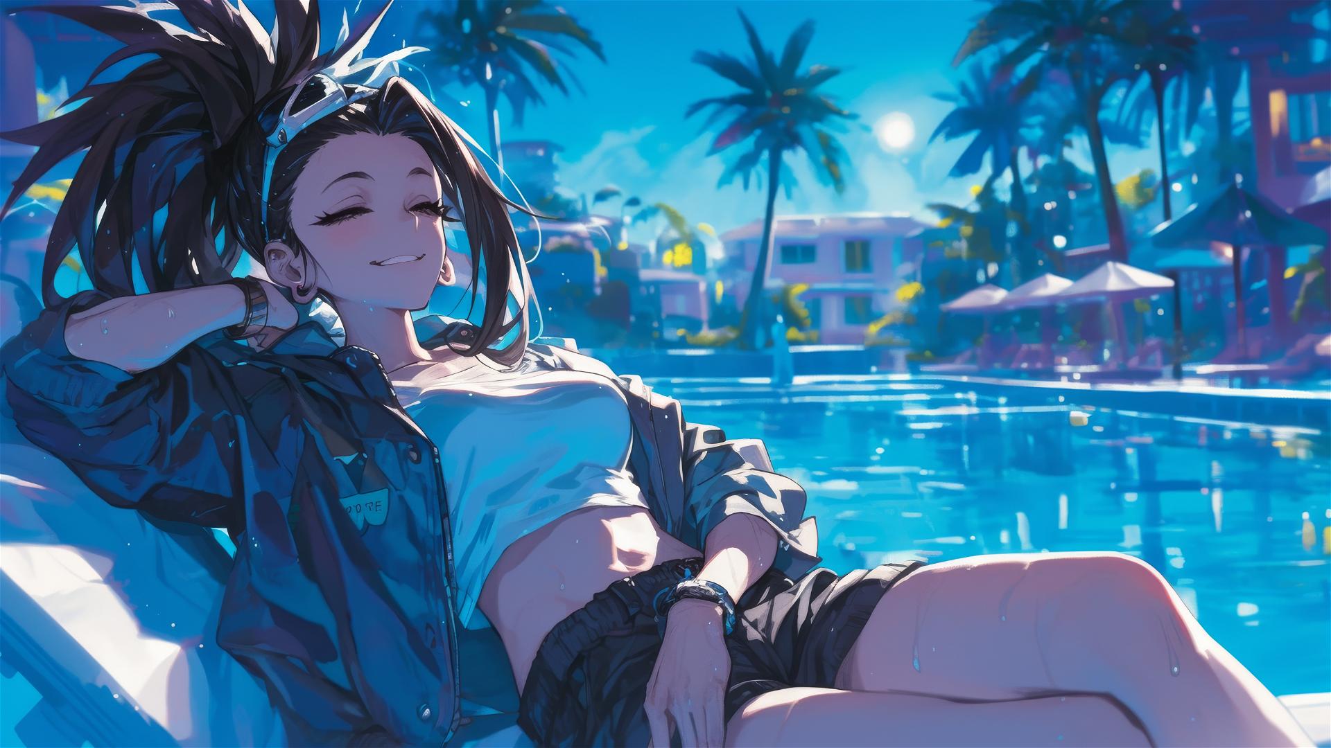 Momo Yaoyorozu from My Hero Academia resting by the pool under moonlight