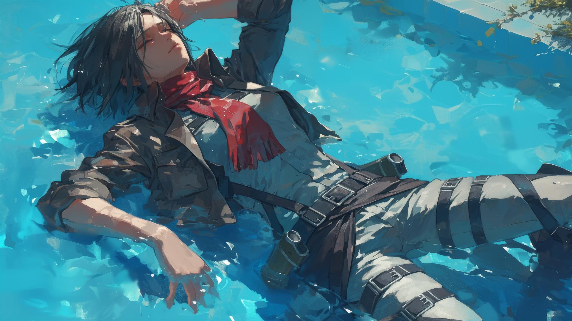 Mikasa Ackerman swimming in a moonlit pool
