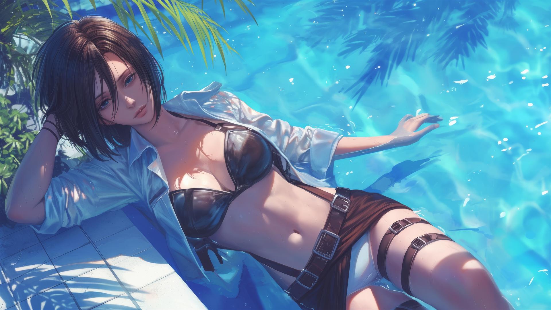 Mikasa Ackerman resting by pool under moonlight