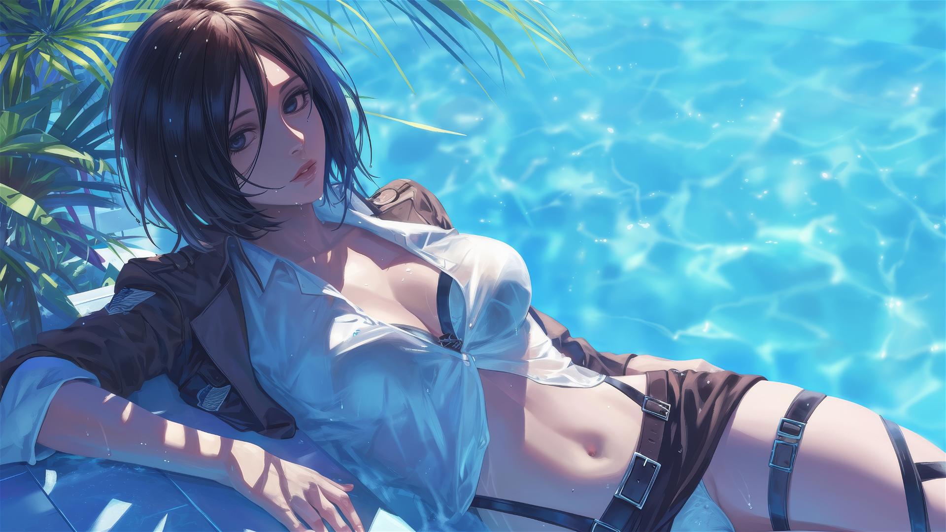 Mikasa Ackerman by the pool under moonlight