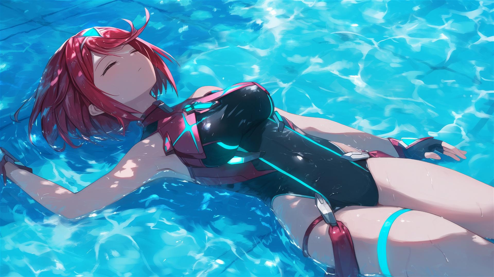 Pyra from Xenoblade Chronicles resting by the pool under moonlight